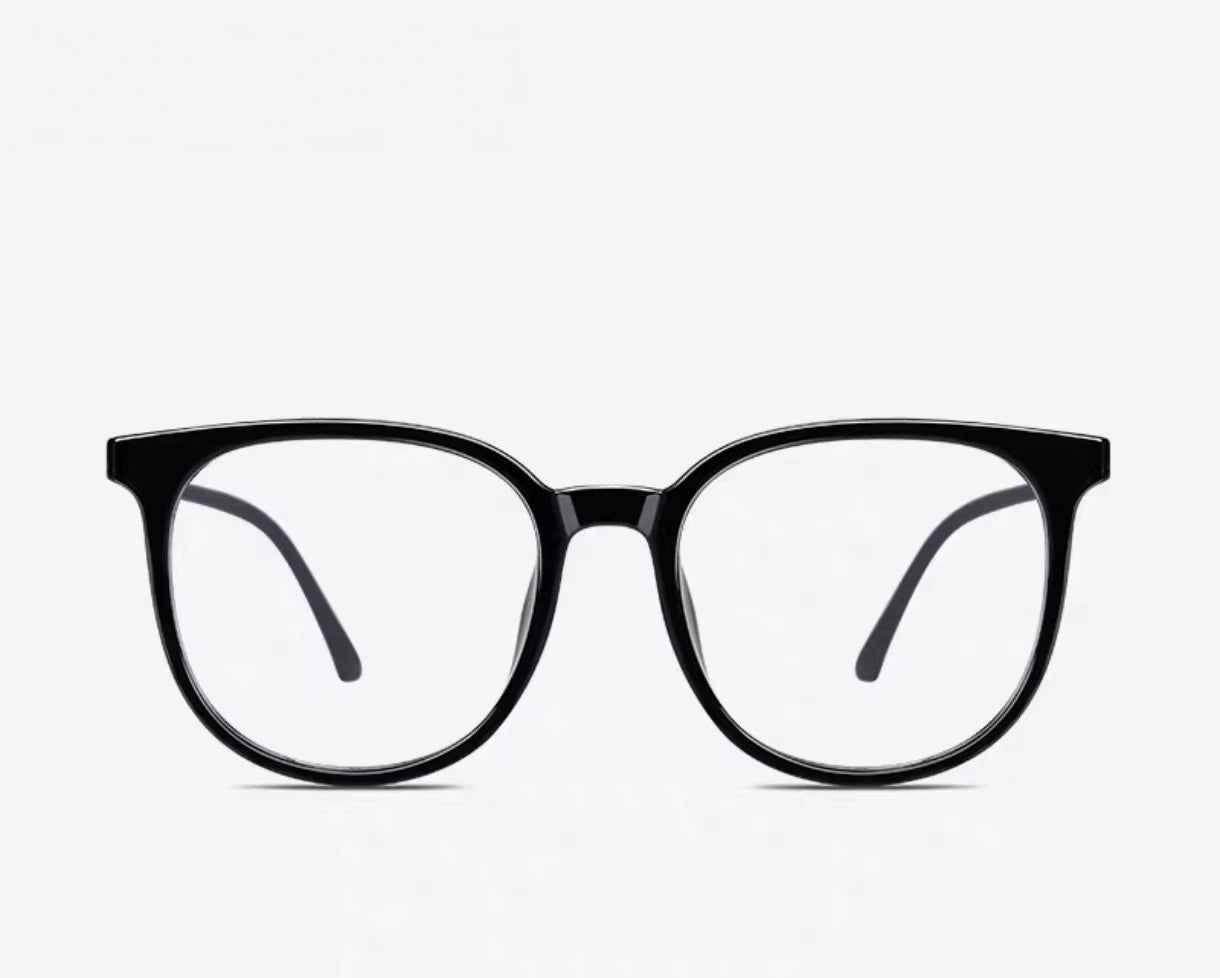 Glossy Black oversized square full-rim eyeglass frame, front and three-quarter product views