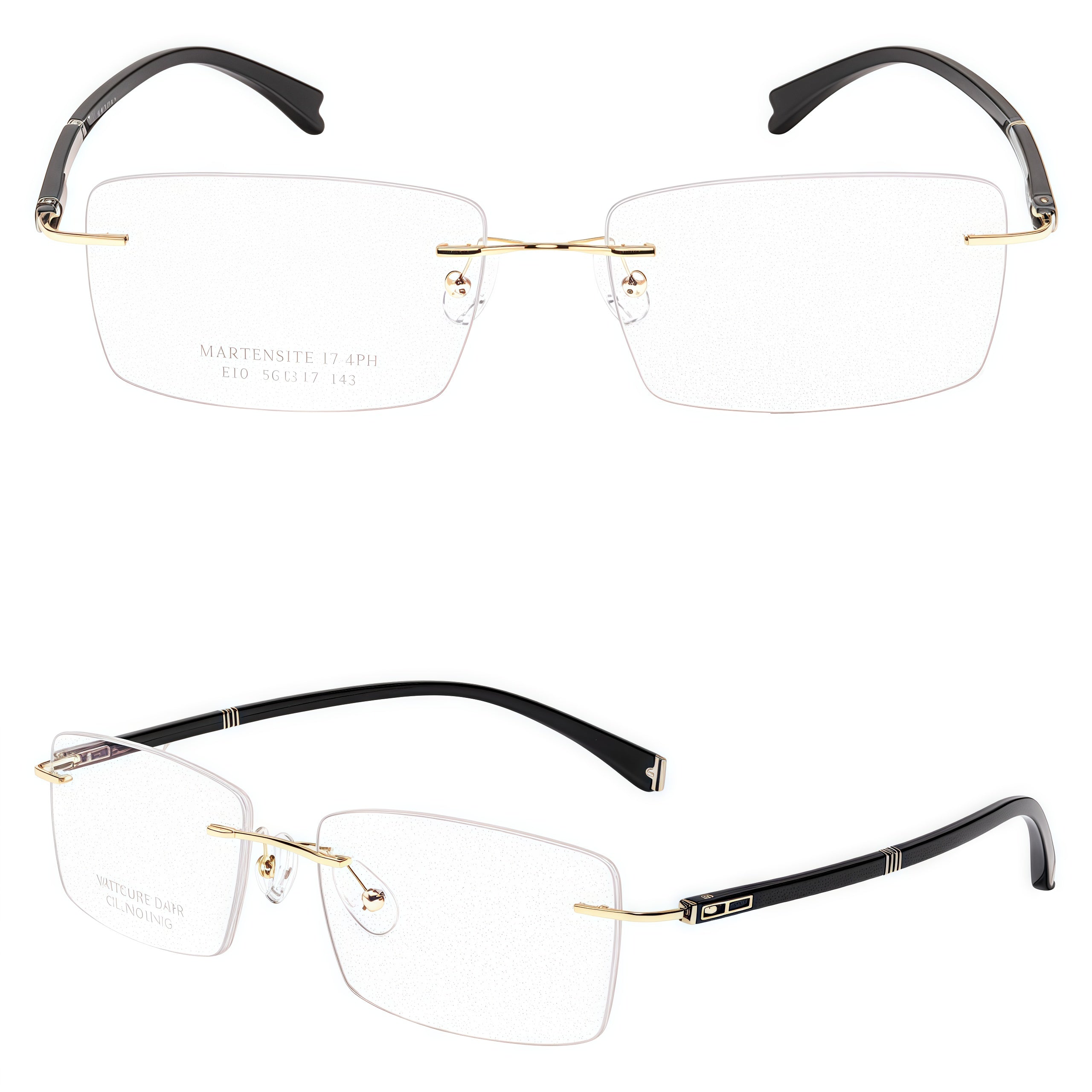 Gold men's alloy rimless rectangular double-slot-temple glasses, supplier composite detail