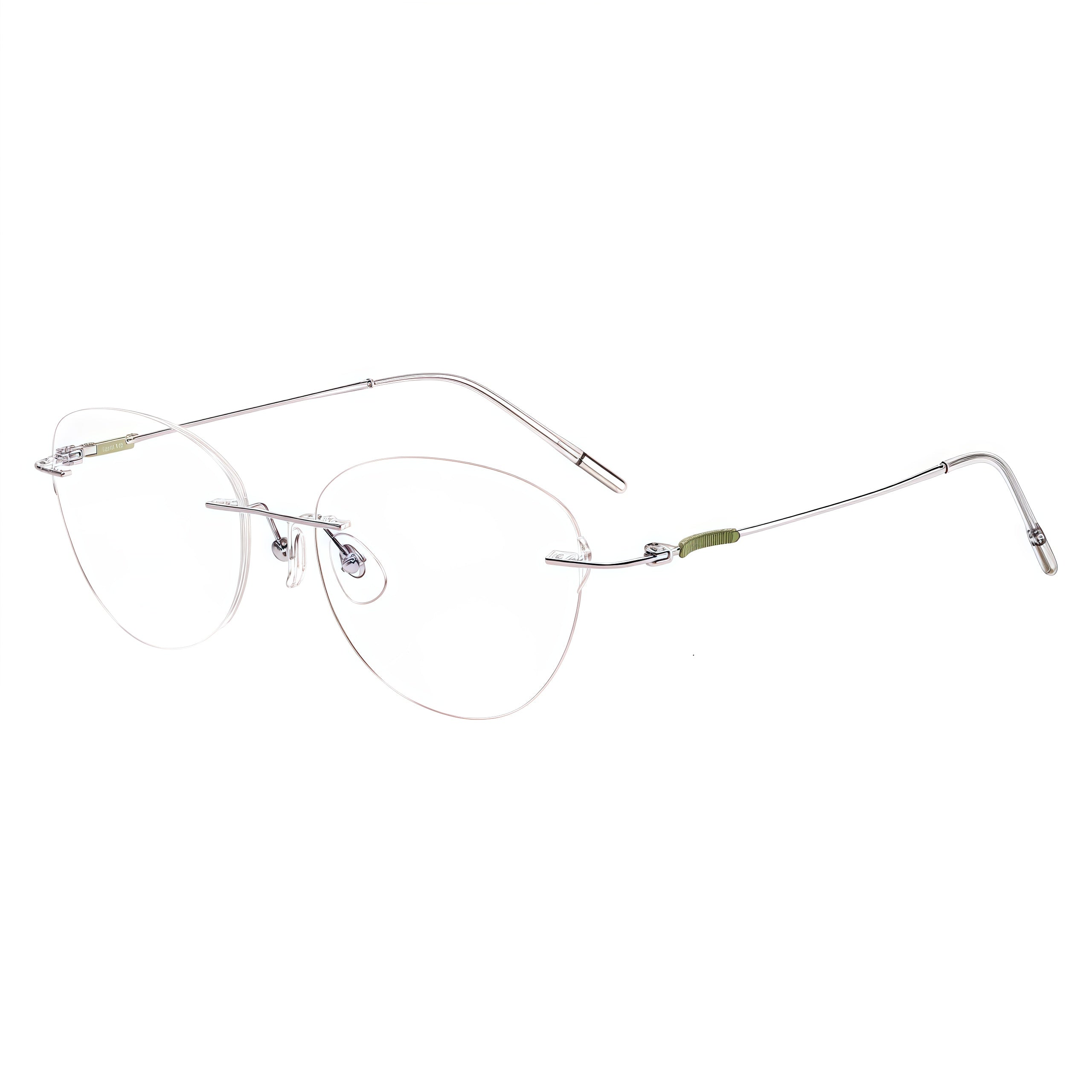 Silver and green women's titanium rimless cat-eye glasses, 45-degree product view