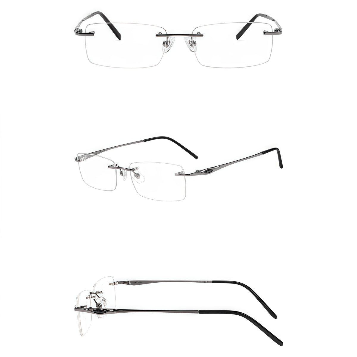 Gunmetal unisex pure titanium rimless shallow rectangular glasses, supplier front and three-quarter views