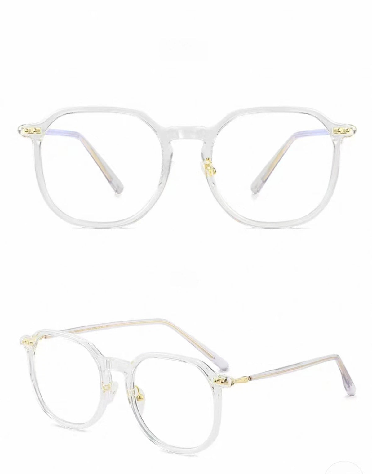 Crystal Clear unisex polycarbonate rounded full-rim glasses, original front-and-45-degree composite detail