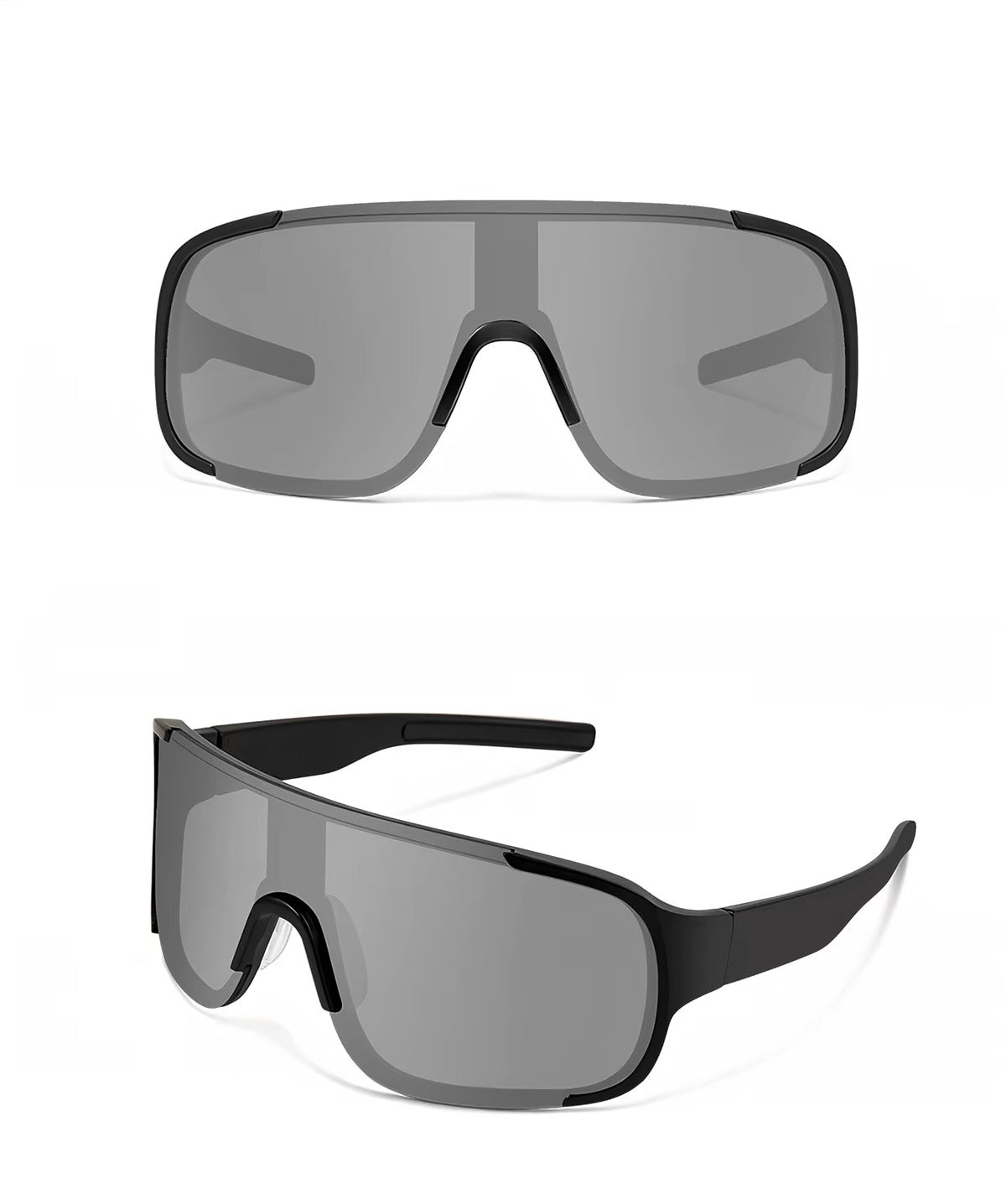 Black Frame/Silver Lens unisex polycarbonate wraparound rectangle sunglasses, detail-01 view