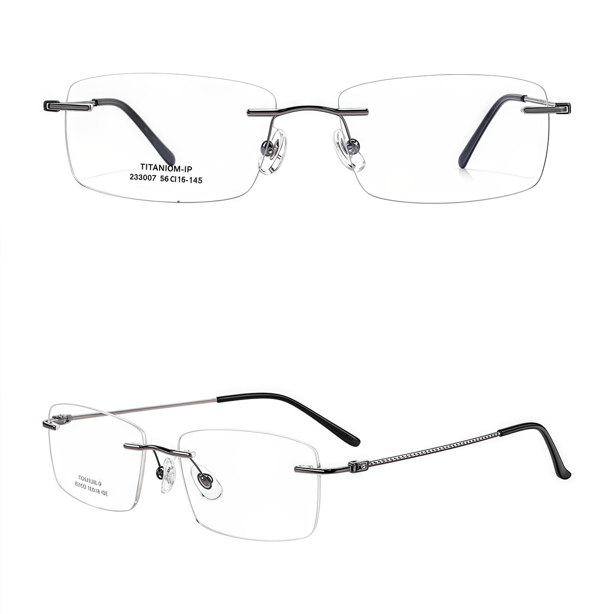 Gunmetal semi-titanium rimless glasses, front and 45-degree composite detail