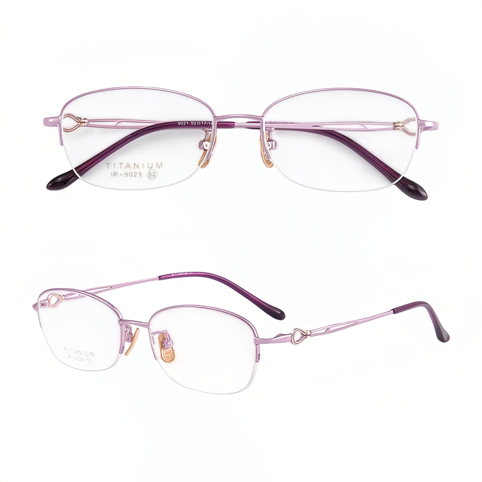 Purple women's vintage minimalist pure-titanium semi-rimless glasses, original front and 45-degree detail