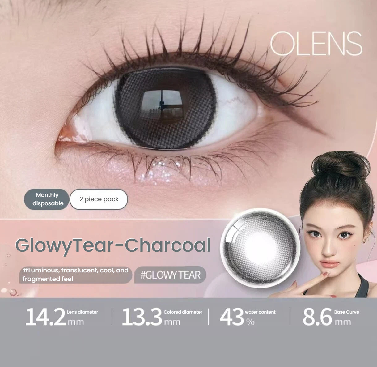 OLENS GlowyTear Charcoal toric contact lens shown on an eye