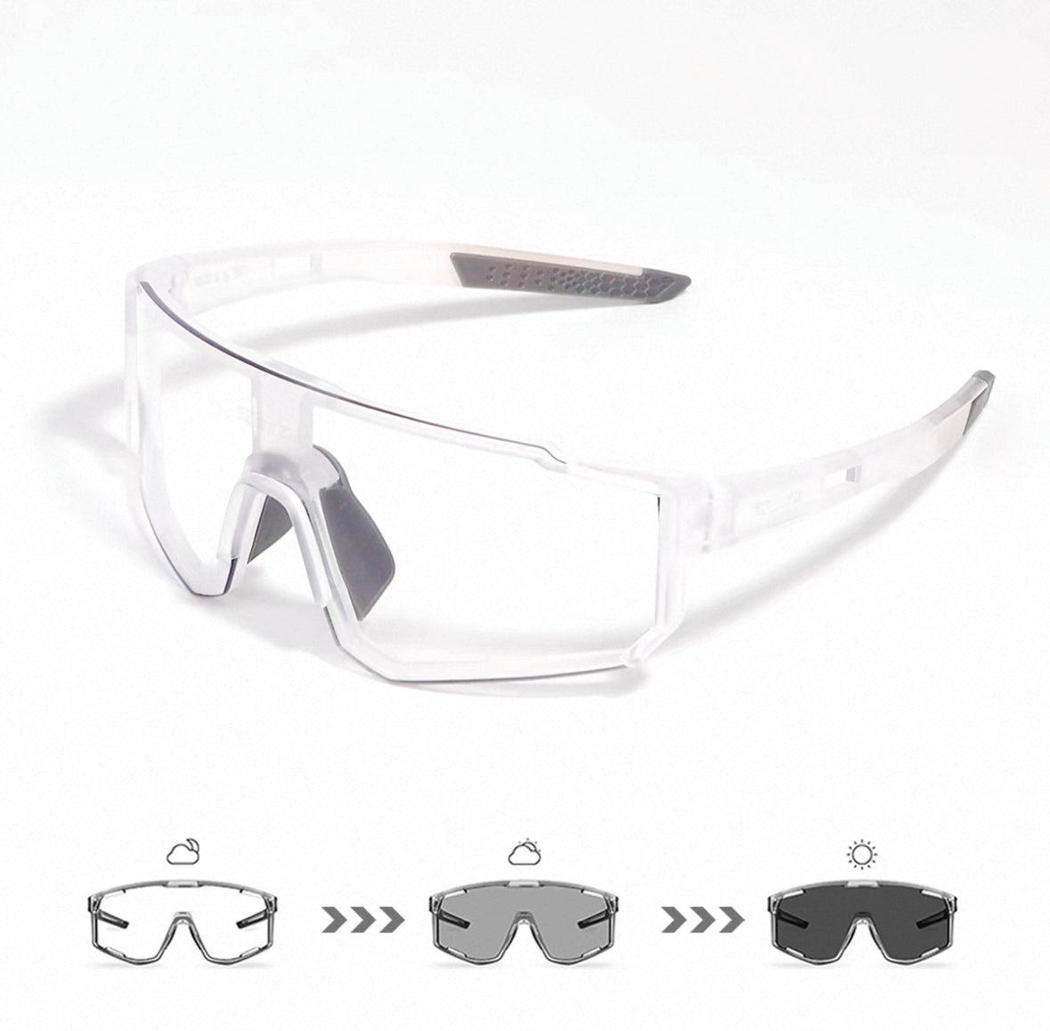 Matte Crystal Clear Frame/Photochromic Grey Lens front and 45-degree product views of Wraparound Windproof Dustproof Sports S