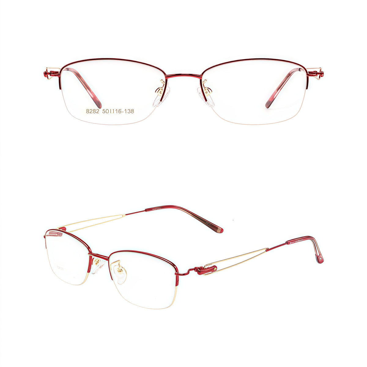 Burgundy elegant alloy semi-rimless glasses, original front and 45-degree product views