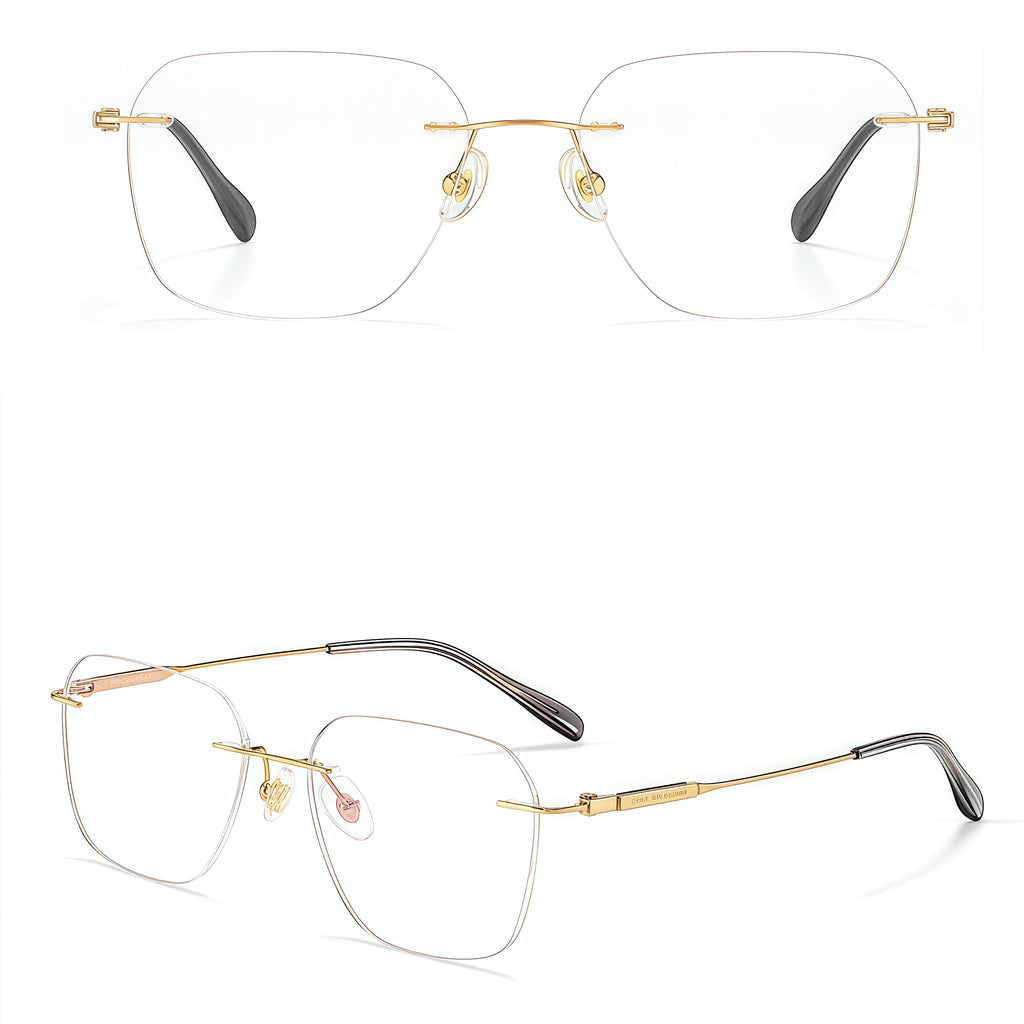 Gold men's pure titanium rimless soft-square eyeglass frames, product view