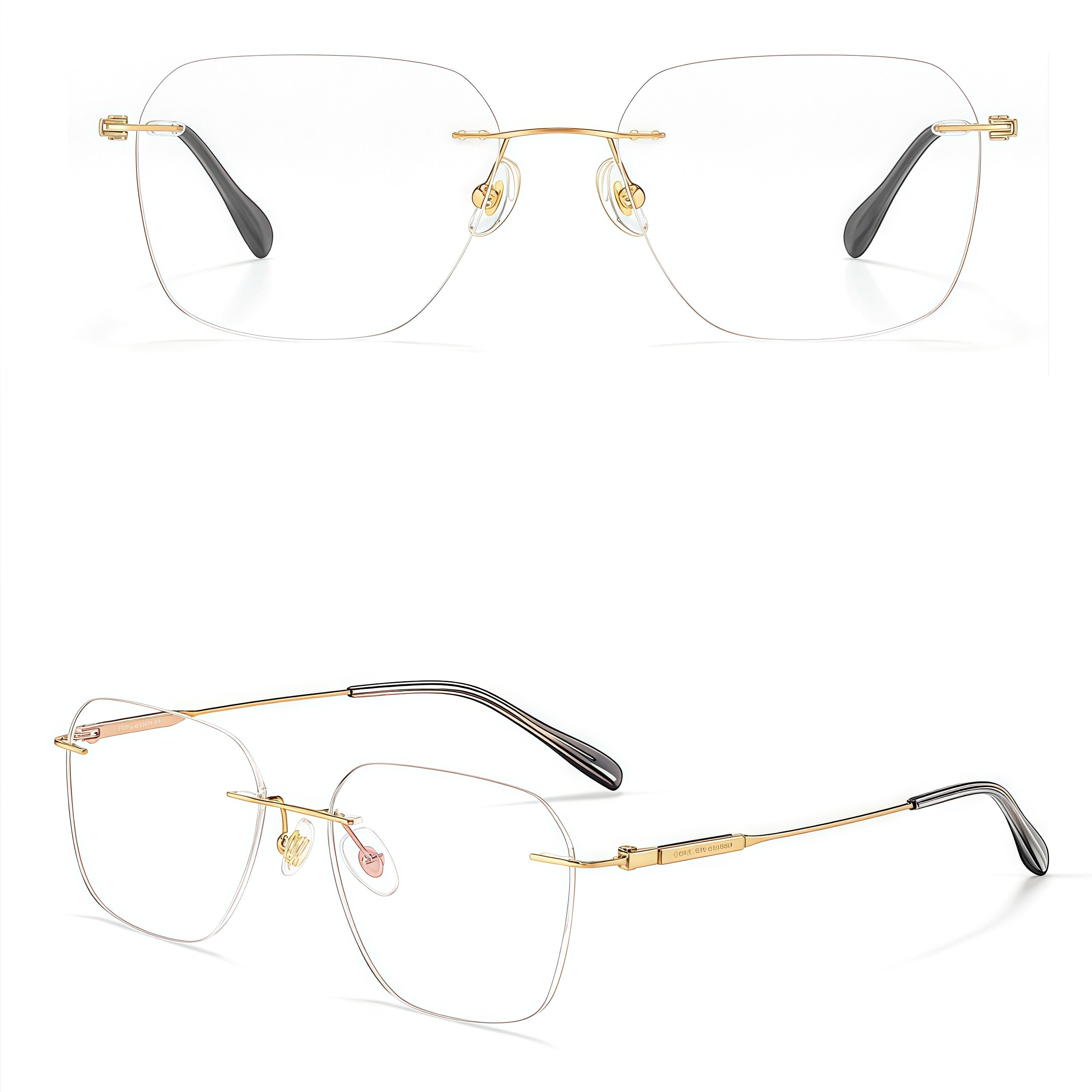 Gold men's pure titanium rimless soft-square eyeglass frames, product view