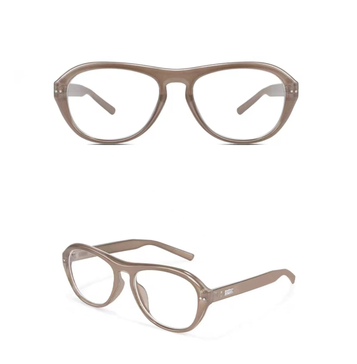 Latte Beige unisex oversized polycarbonate full-rim glasses, original front and 45-degree composite detail