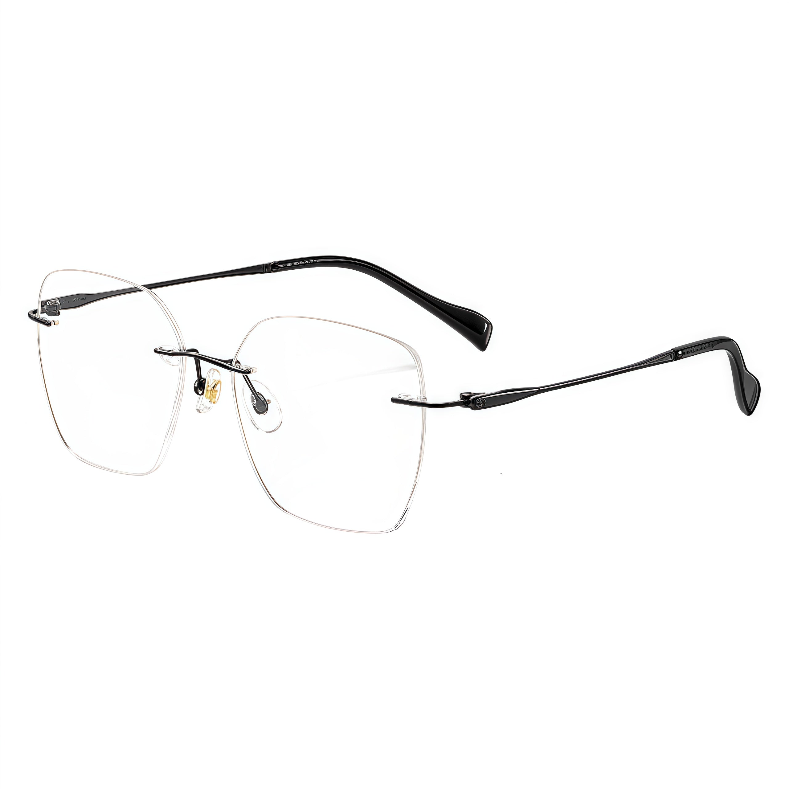 Black rimless soft-square pure titanium eyeglass frames, supplier front and angle reference