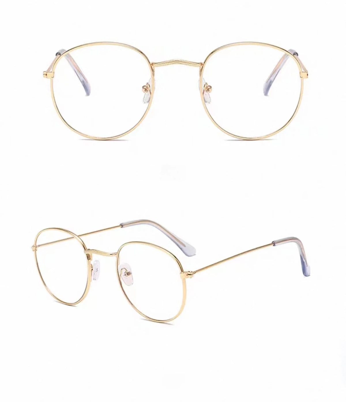 Gold front and 45-degree product views of Unisex Retro Alloy Round Full-Rim Glasses