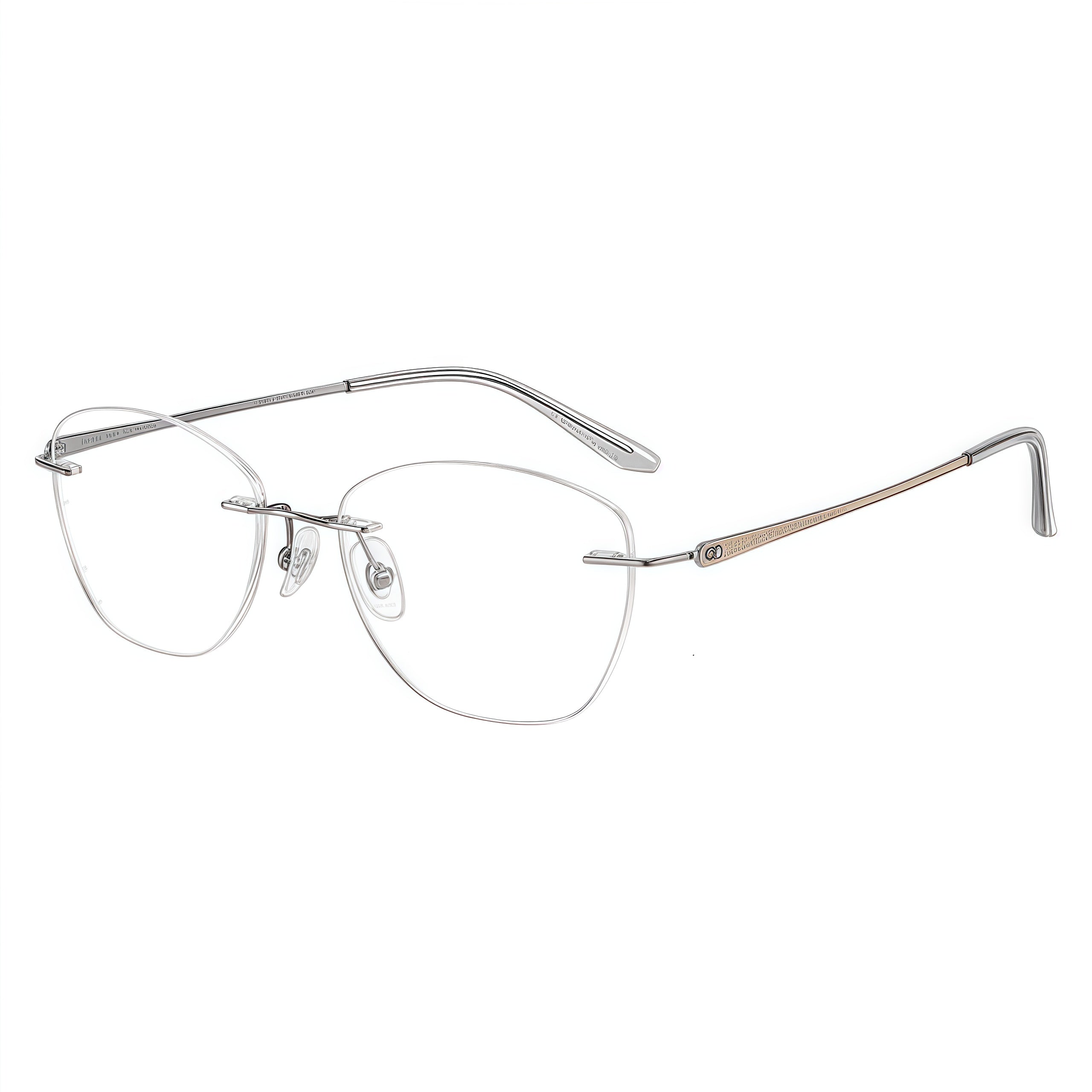 Silver and Champagne Gold women's titanium rimless geometric glasses in a 45-degree product view