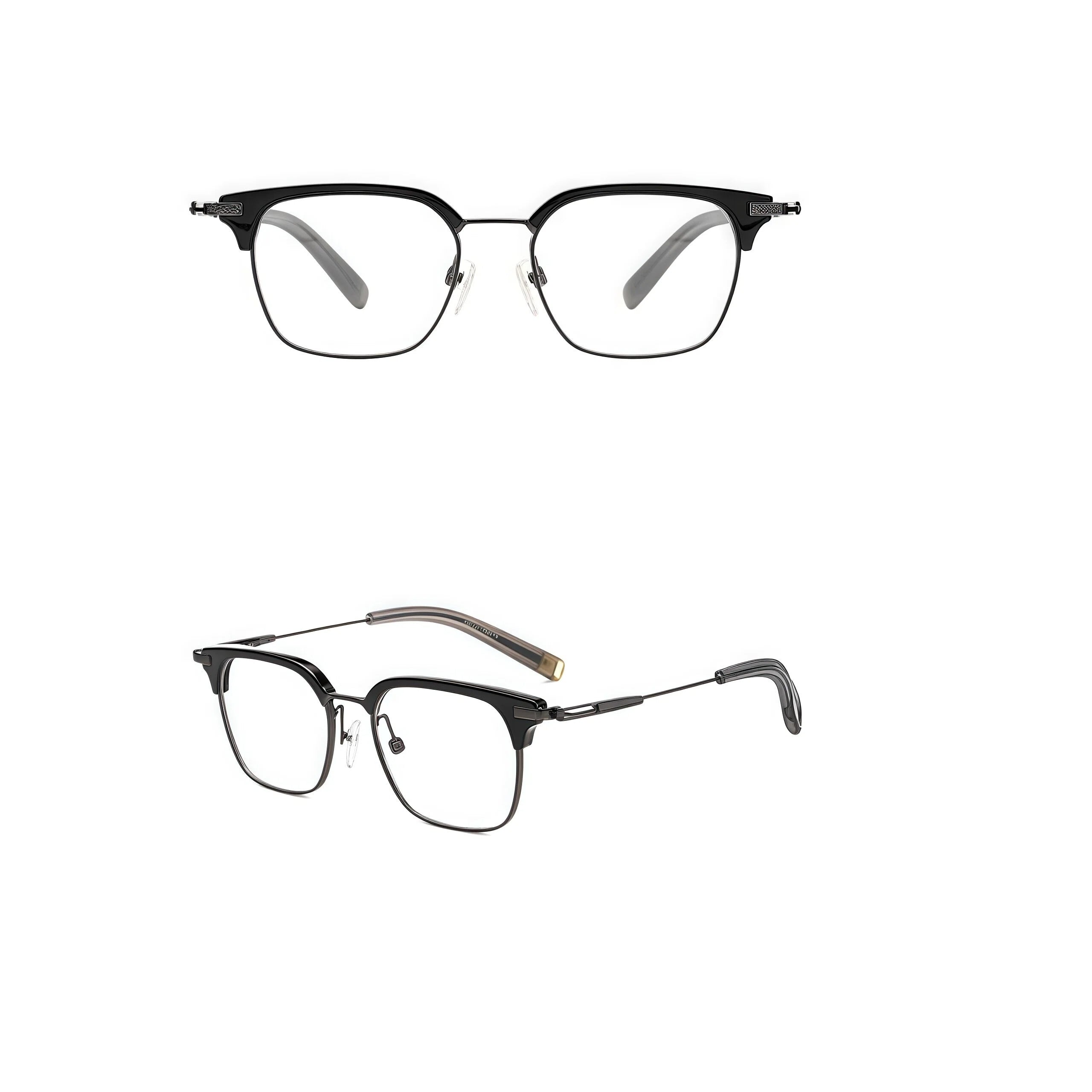 Black and Gunmetal unisex vintage titanium semi-rimless glasses, original front and 45-degree composite