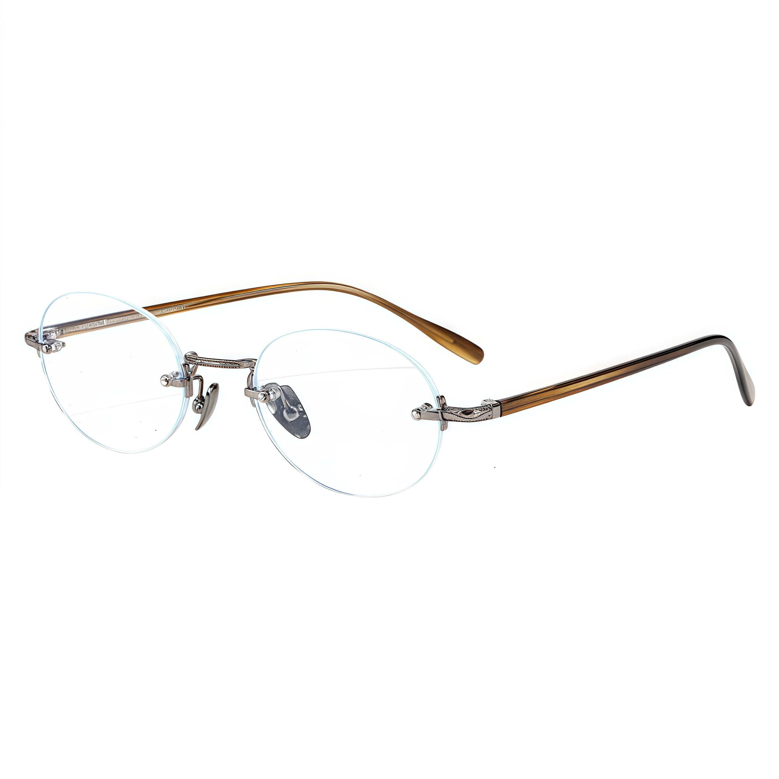Gunmetal/Brown rimless oval titanium and acetate eyeglass frames, supplier front and angle reference
