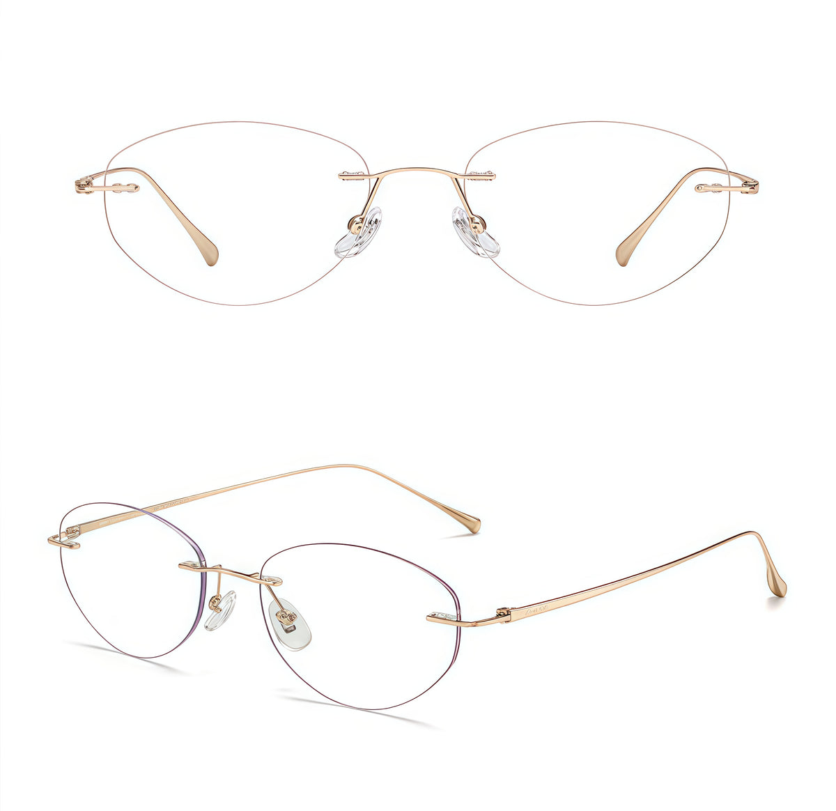 Gold women's titanium rimless round glasses, supplier front and three-quarter views