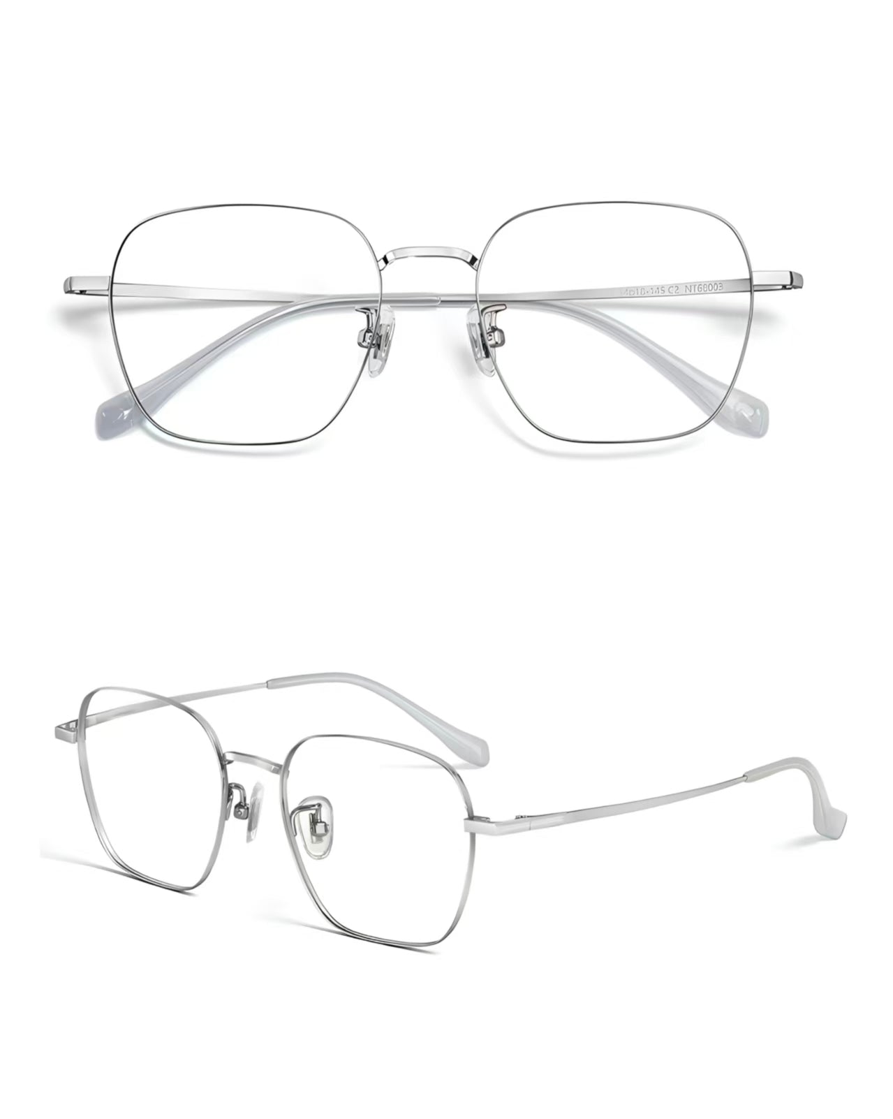 Silver unisex oversized pure titanium full-rim glasses, original front and 45-degree composite detail