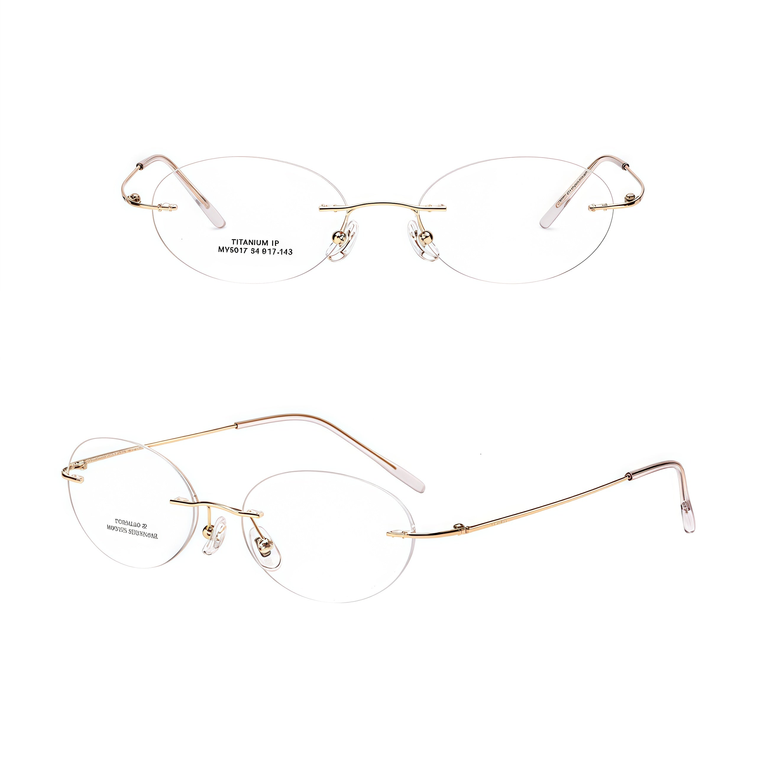 Gold women's titanium rimless oval glasses, supplier front and three-quarter views
