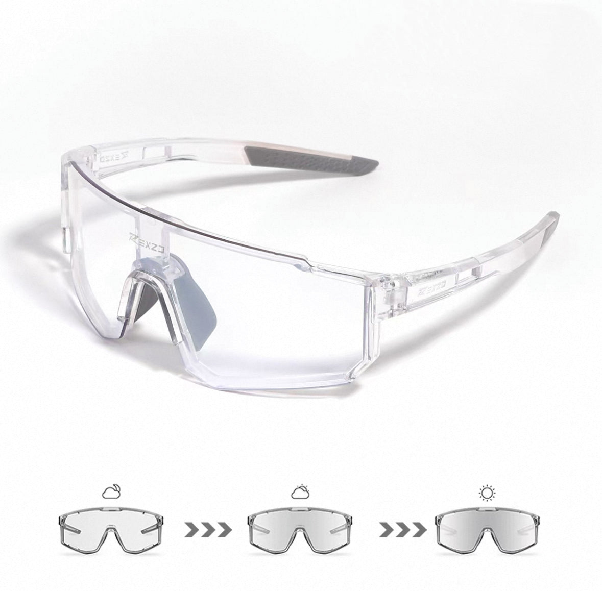 Crystal Clear Frame/Photochromic Silver Lens front and 45-degree product views of Wraparound Windproof Dustproof Sports Sungl