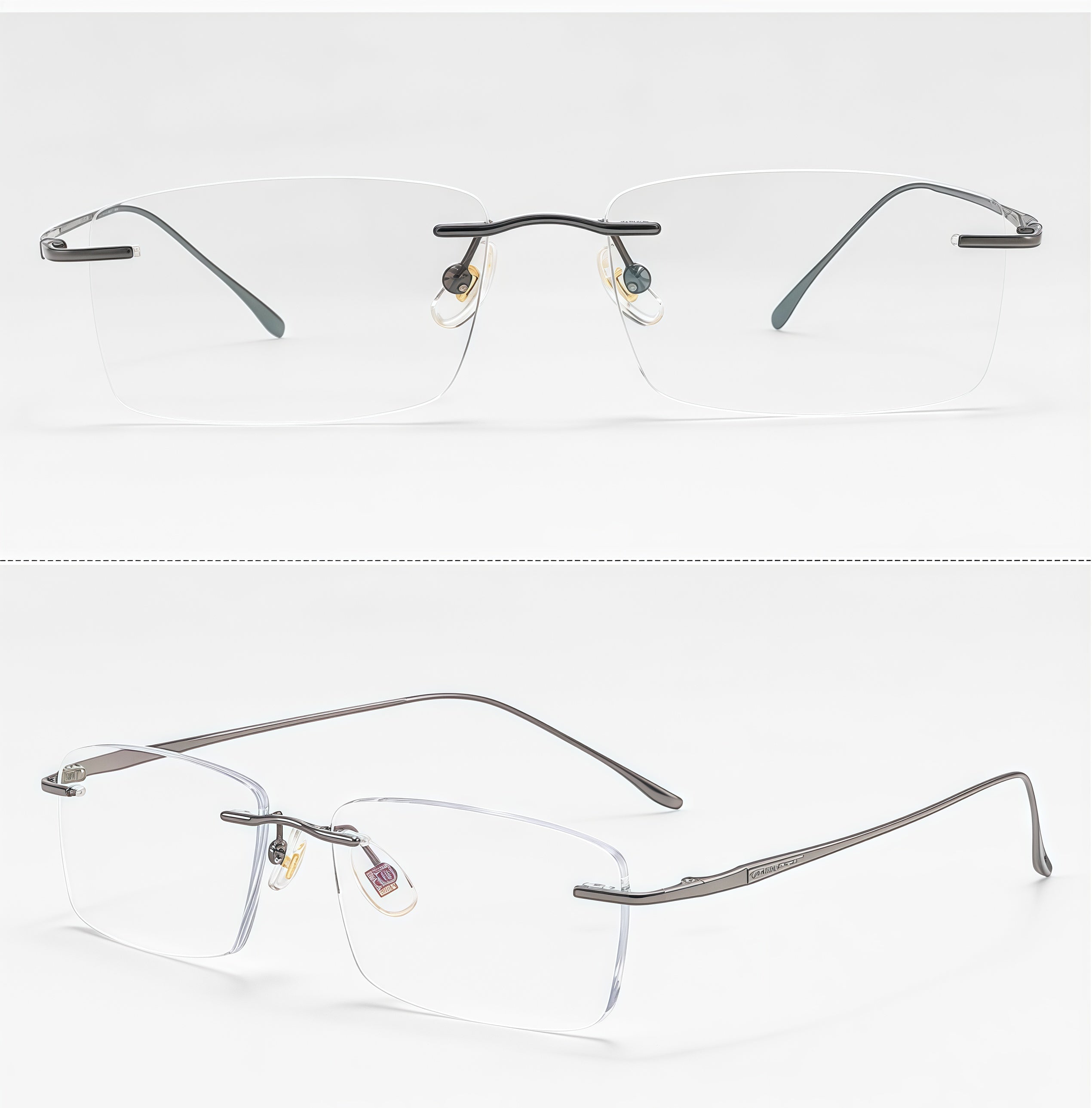 Gunmetal unisex pure titanium rectangular rimless eyeglass frames, product views
