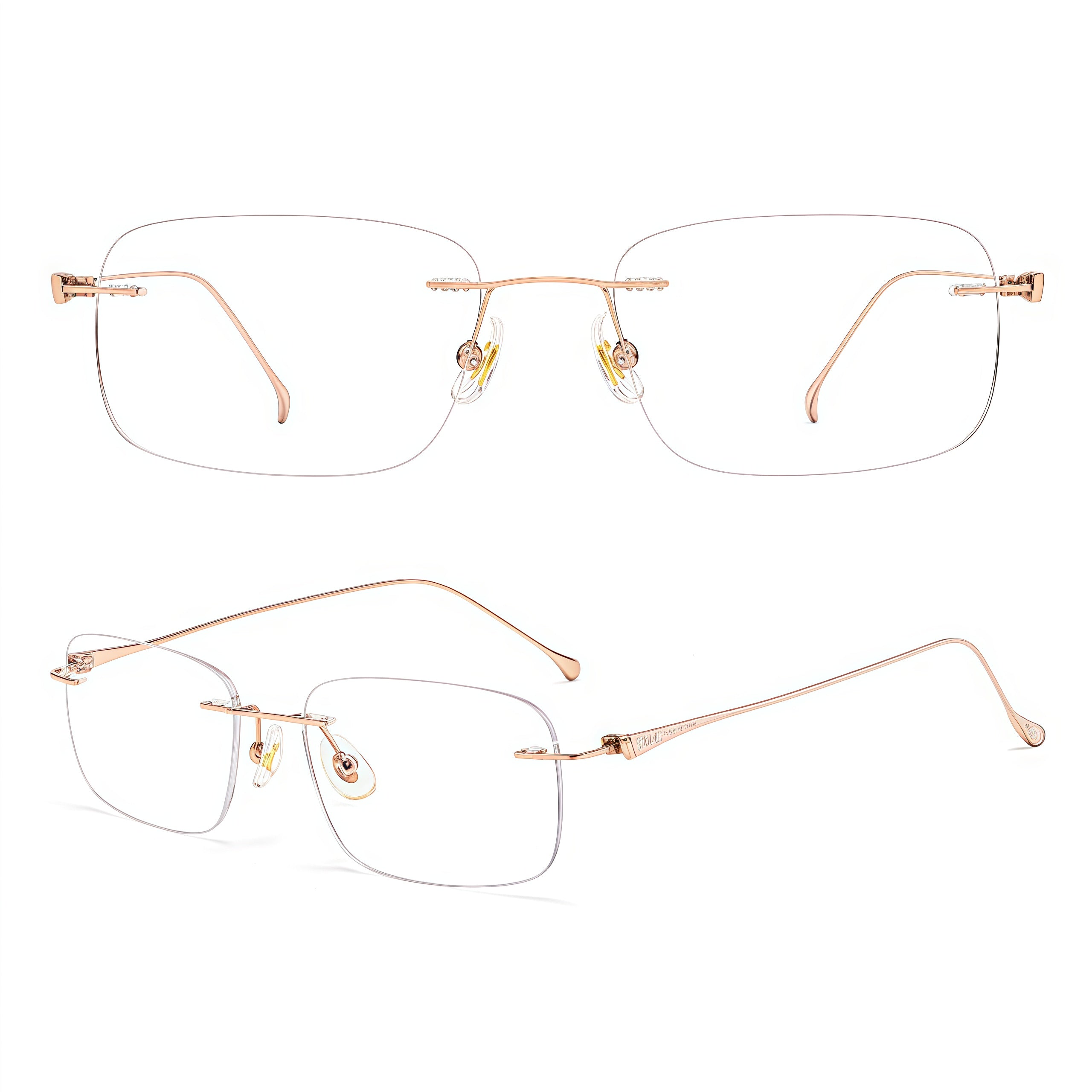 Rose Gold/Pink women's lightweight titanium rimless rectangular glasses, supplier composite detail