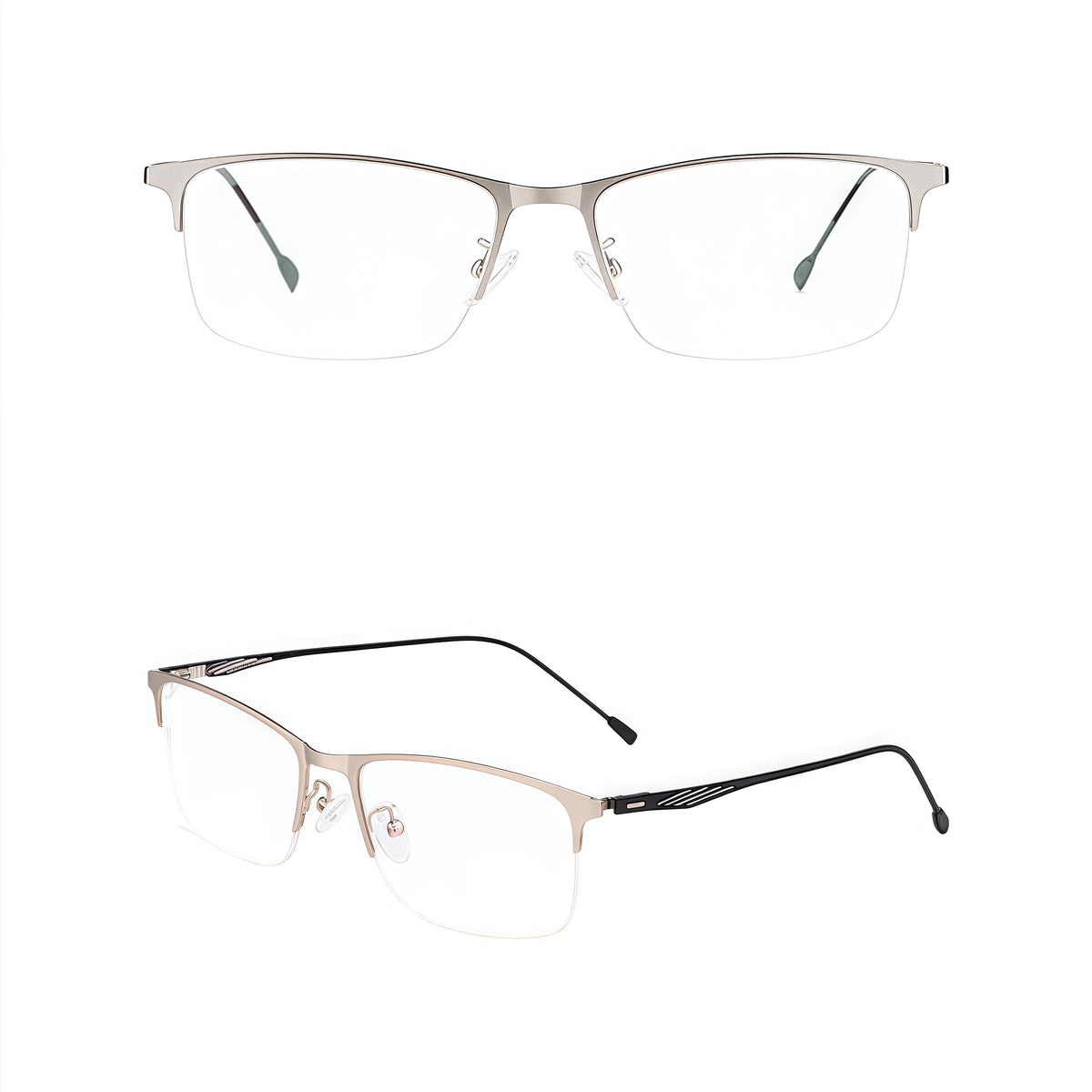 Silver slim professional semi-rimless glasses, original front and 45-degree product views