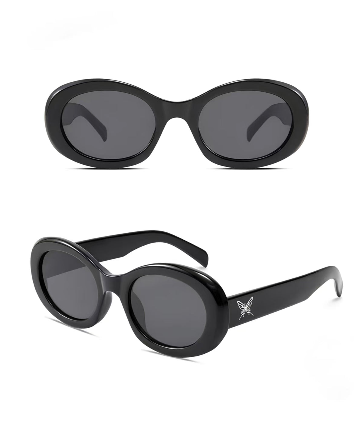 Women’s Black full-rim oval cat-eye sunglasses, front and three-quarter views