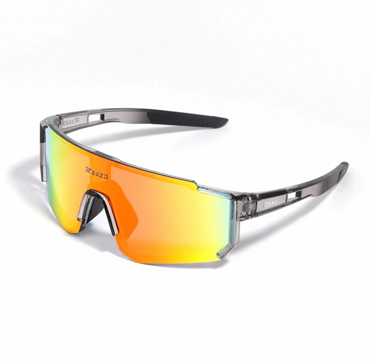 Crystal Grey Frame/Red Mirror Lens front and 45-degree product views of Wraparound Windproof Dustproof Sports Sunglasses