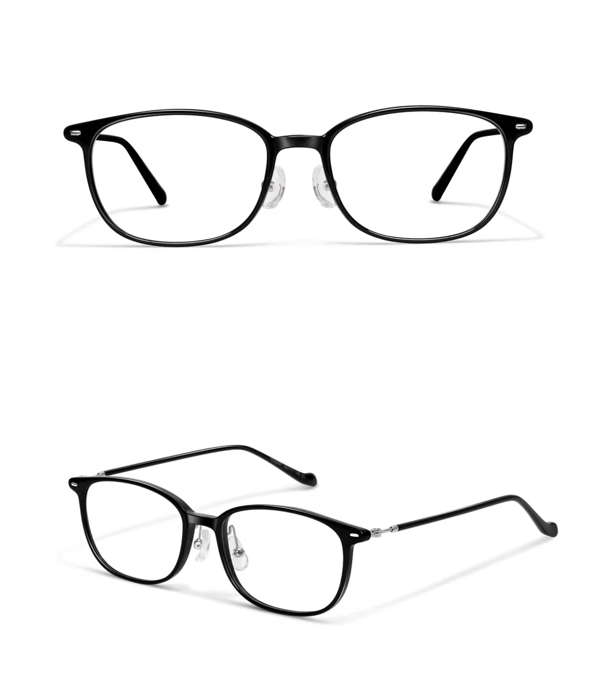 Glossy Black women's small-fit TR90 square full-rim glasses, original front-and-45-degree composite detail