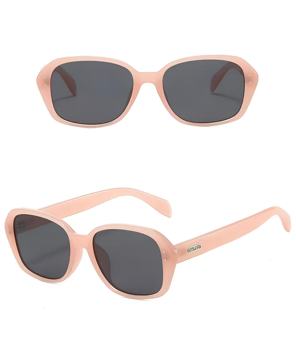Women’s Dusty Pink full-rim square sunglasses, front and three-quarter views