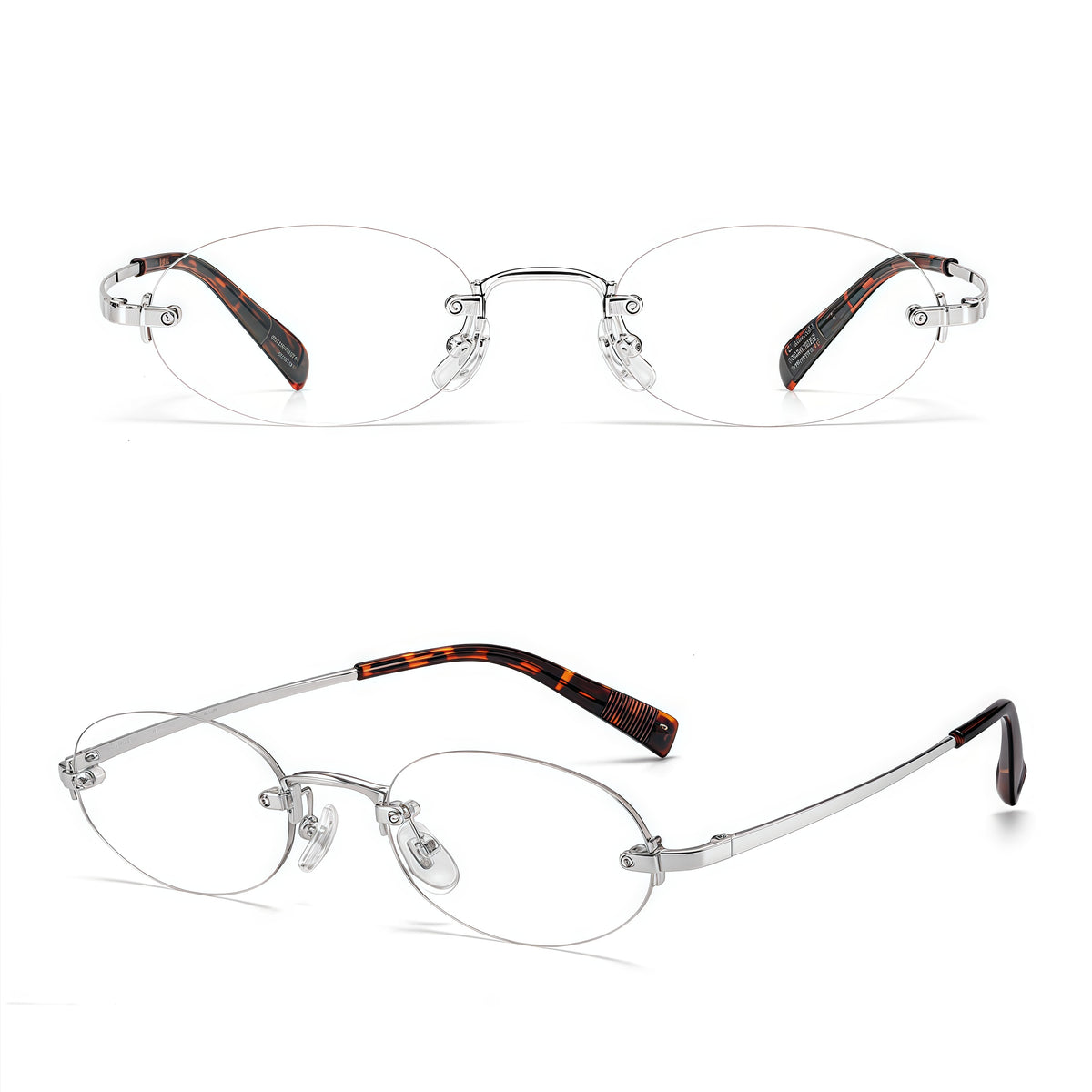 Silver/Leopard women's titanium rimless narrow oval glasses, supplier front and three-quarter views
