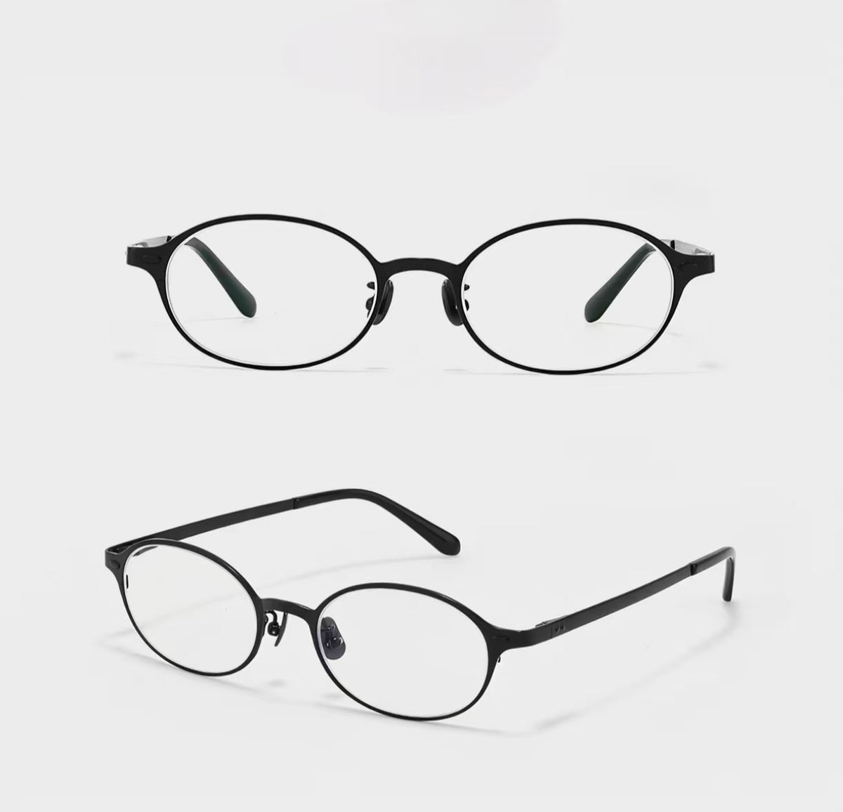 Black semi-titanium nerd oval full-rim glasses, original front and 45-degree product detail