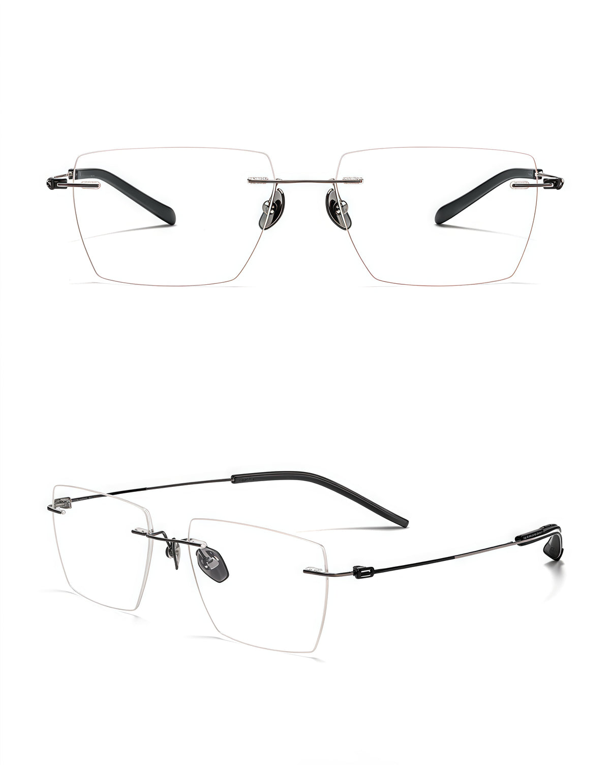 Gunmetal/Black unisex titanium alloy rimless large geometric rectangular glasses, supplier front and three-quarter views