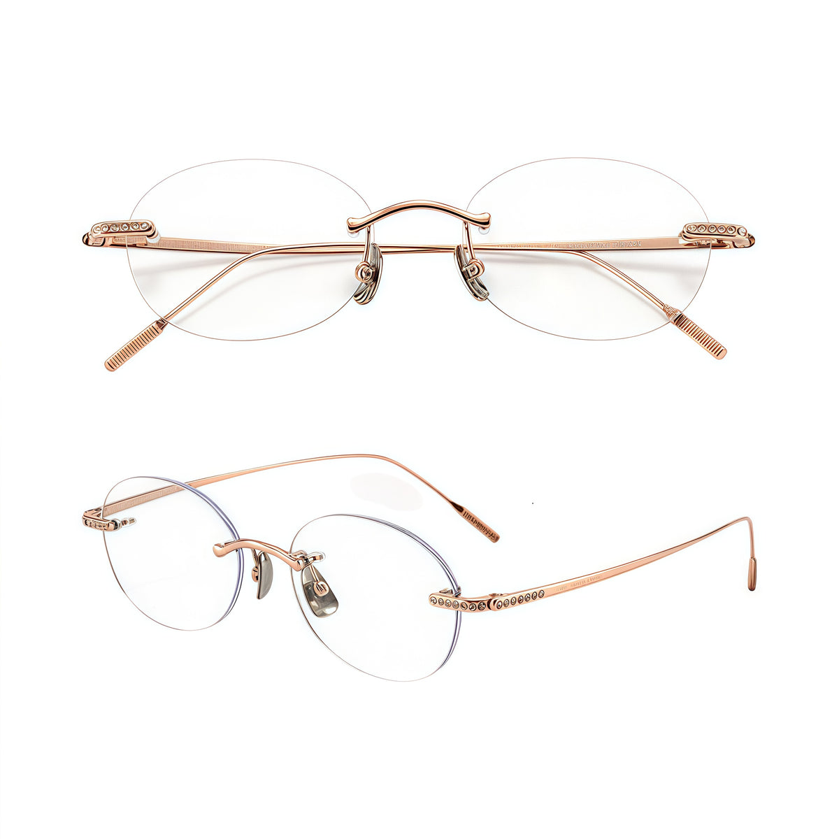 Rose Gold women's titanium rimless round glasses in front and 45-degree product views