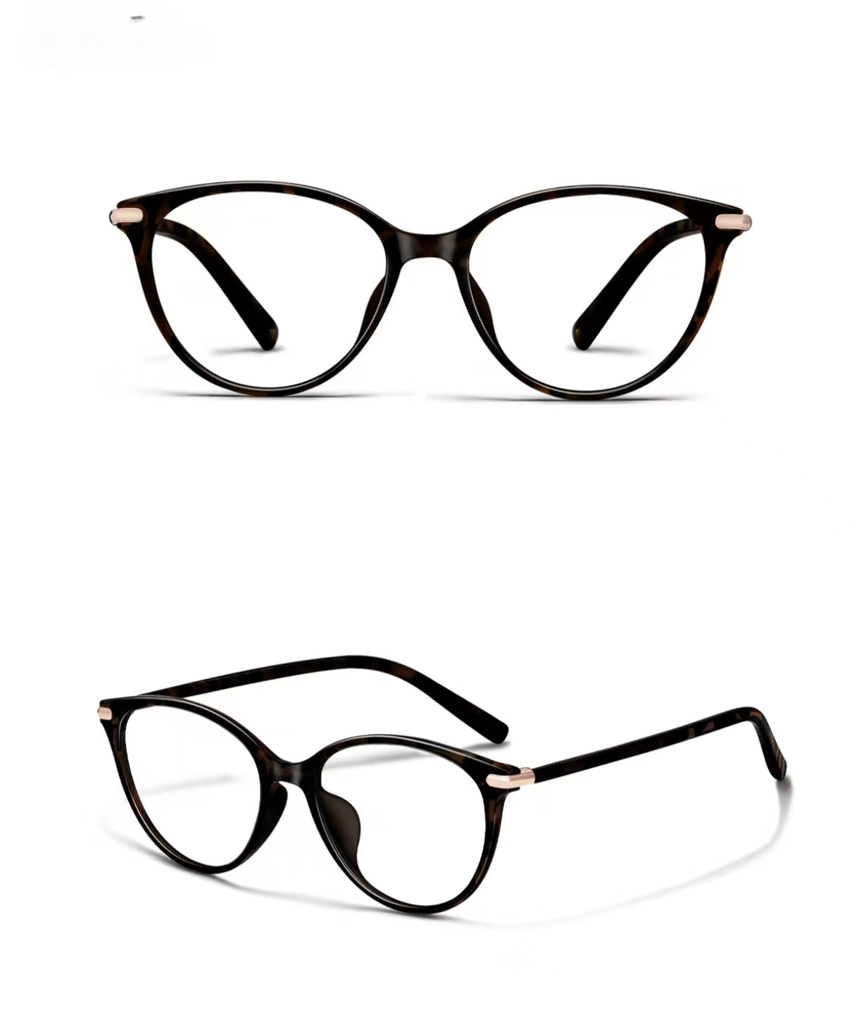 Tortoise Shell cat-eye full-rim eyeglass frame, front and three-quarter product views