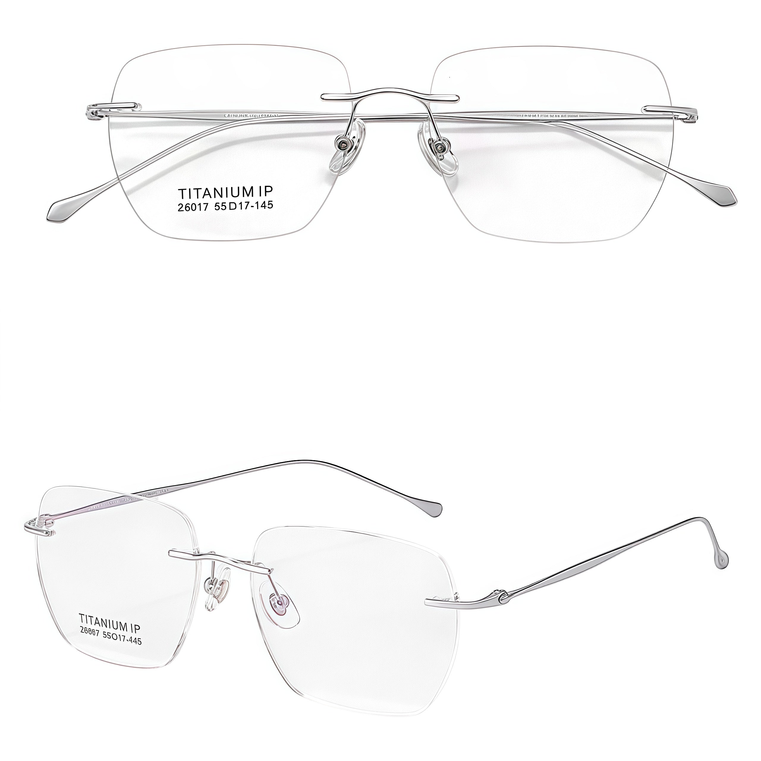 Silver unisex titanium rimless soft-square eyeglass frames, product view