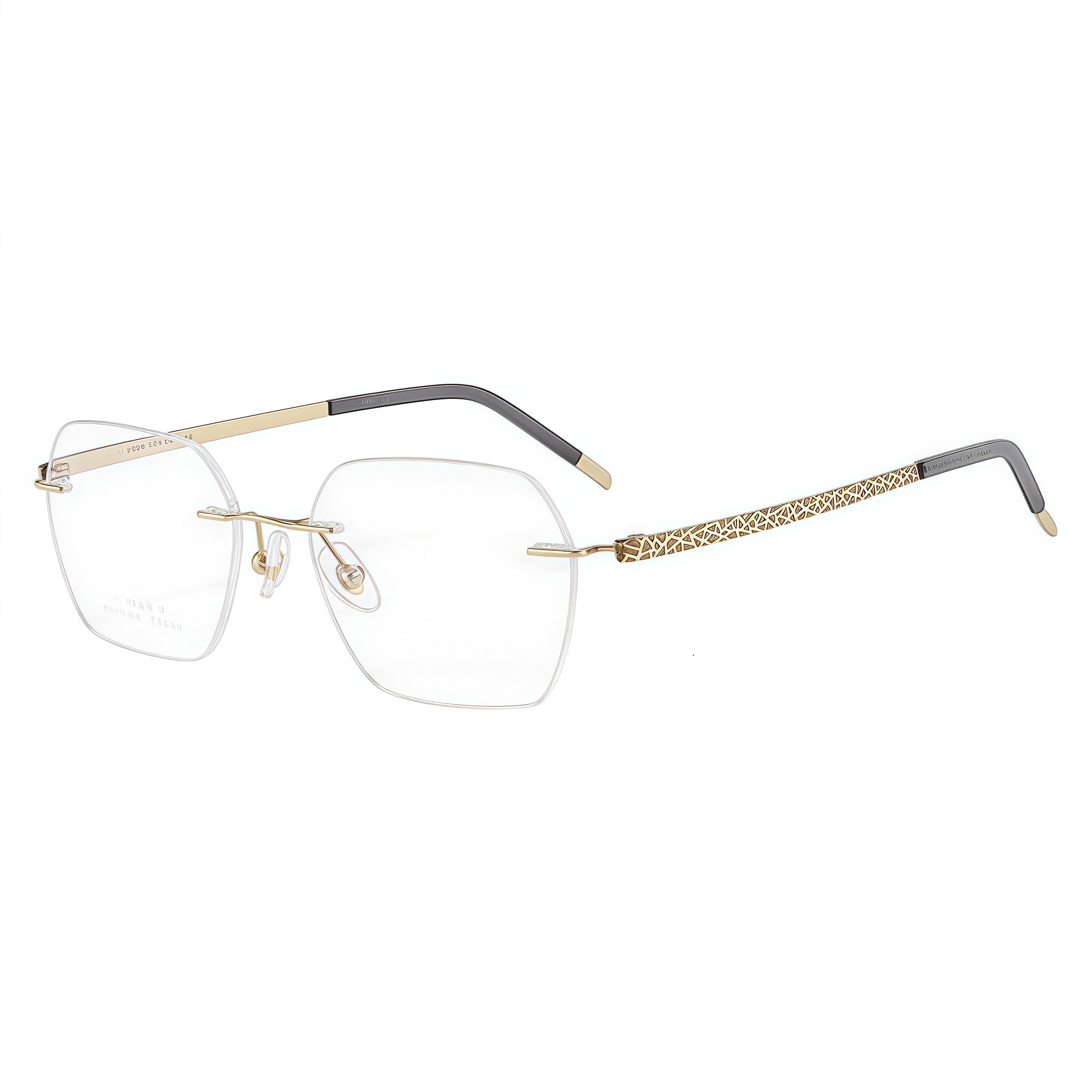 Brown/Gold rimless rectangular pure titanium eyeglass frames, supplier front and angle reference