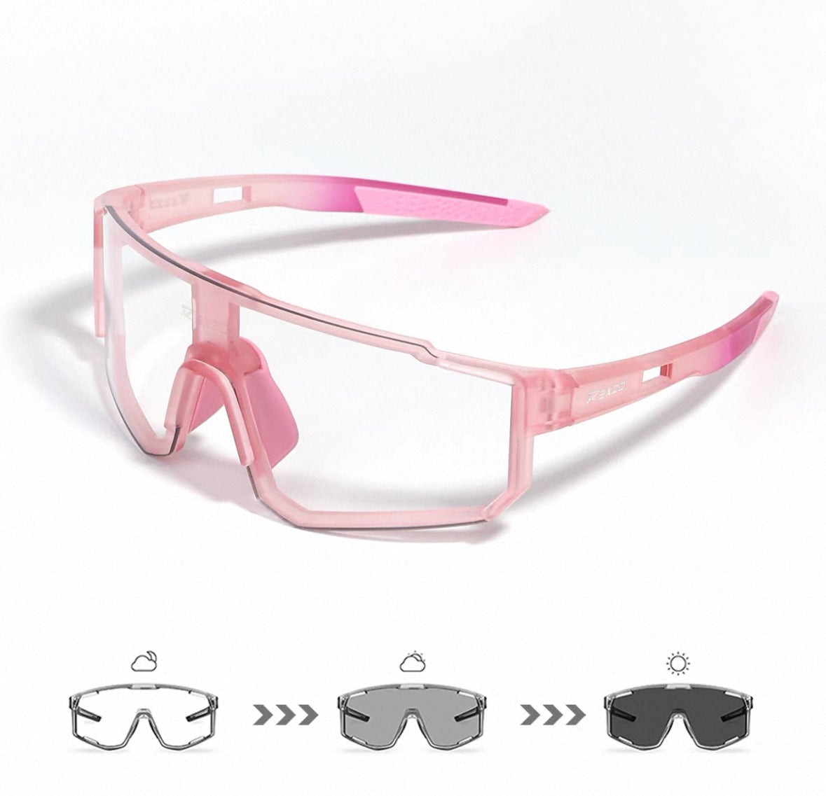 Matte Pink Frame/Photochromic Grey Lens front and 45-degree product views of Wraparound Windproof Dustproof Sports Sunglasses
