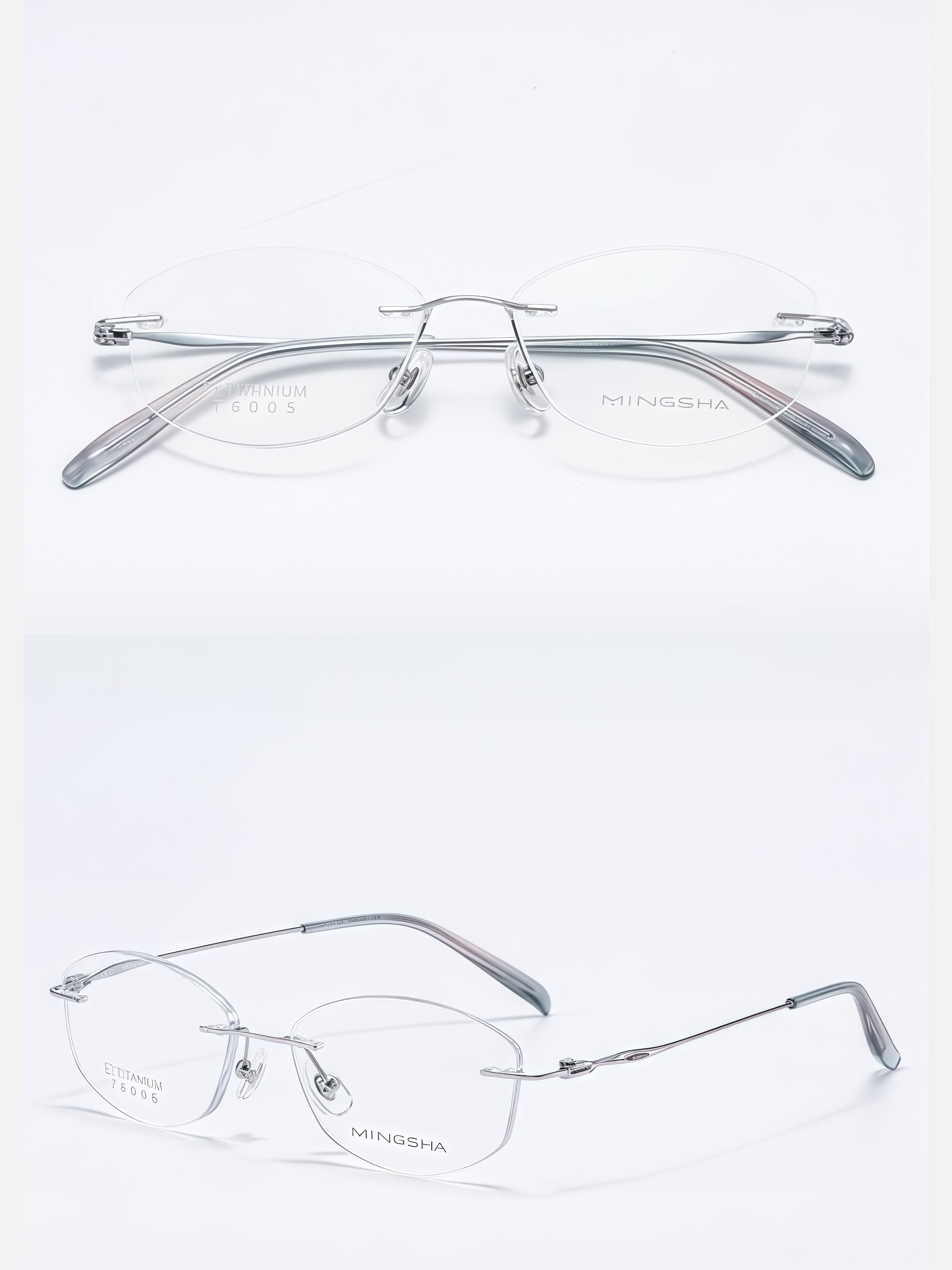 Silver women's titanium alloy rimless soft butterfly glasses, supplier front and three-quarter views