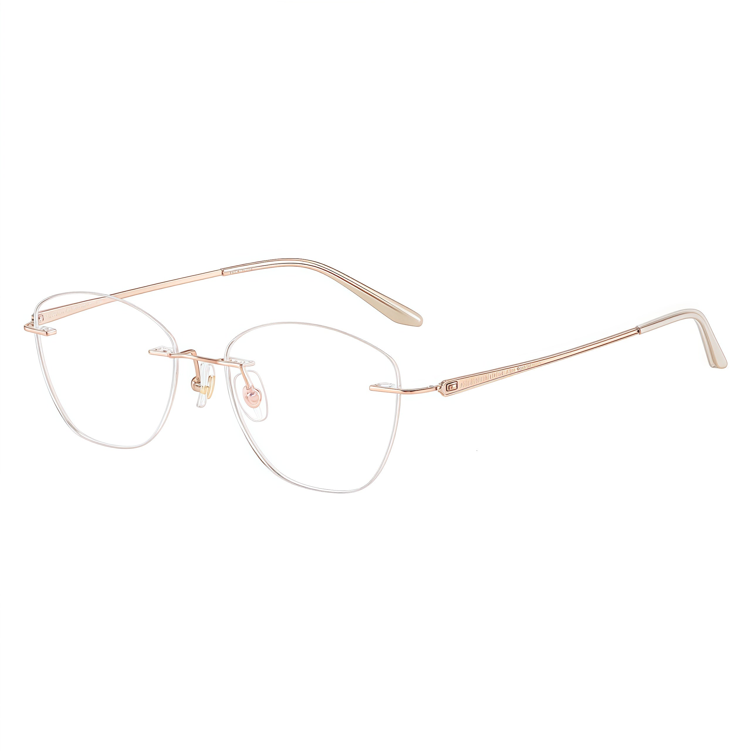 Rose Gold women's titanium rimless geometric glasses in a 45-degree product view