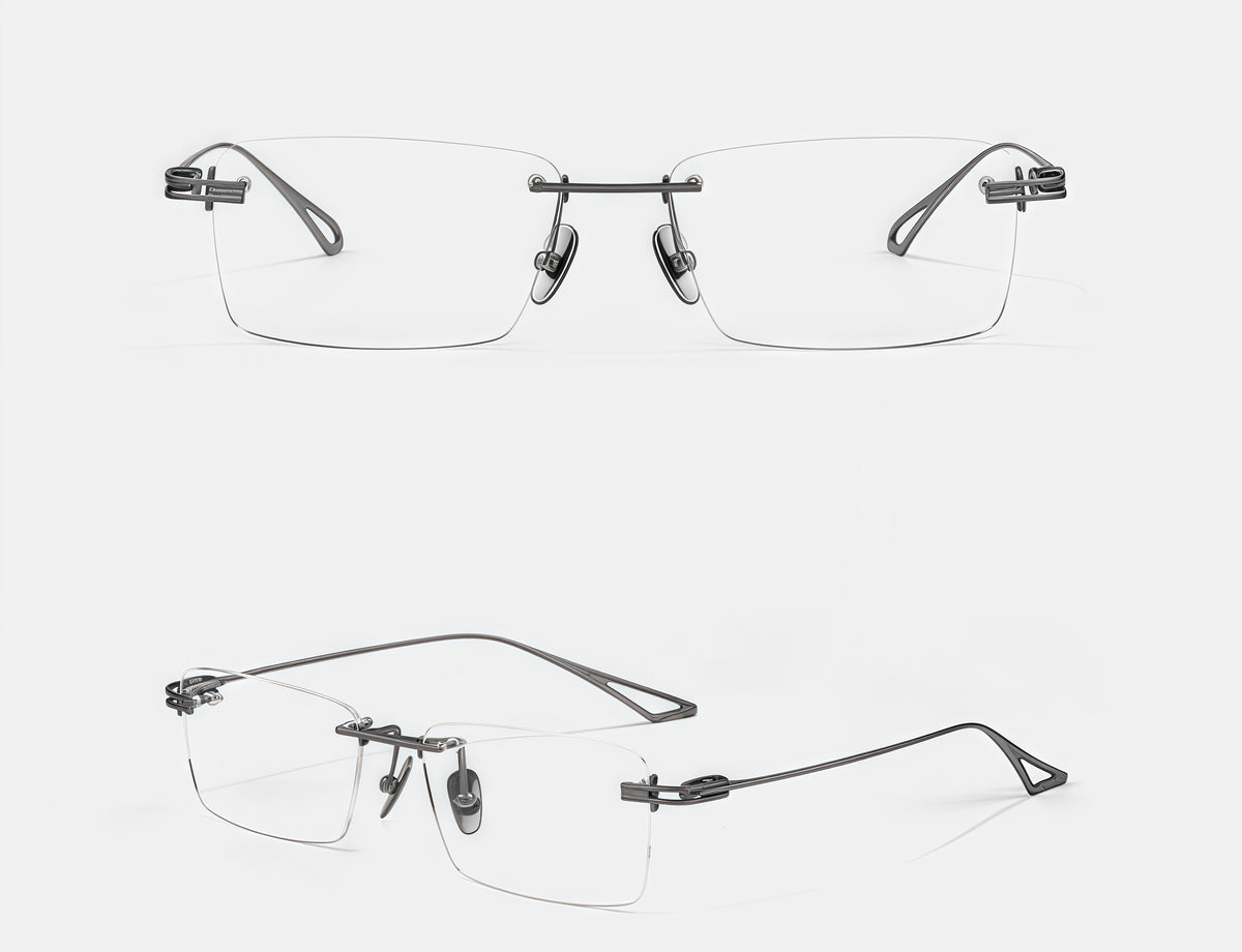 Silver men's titanium rimless open-loop glasses, front and 45-degree composite