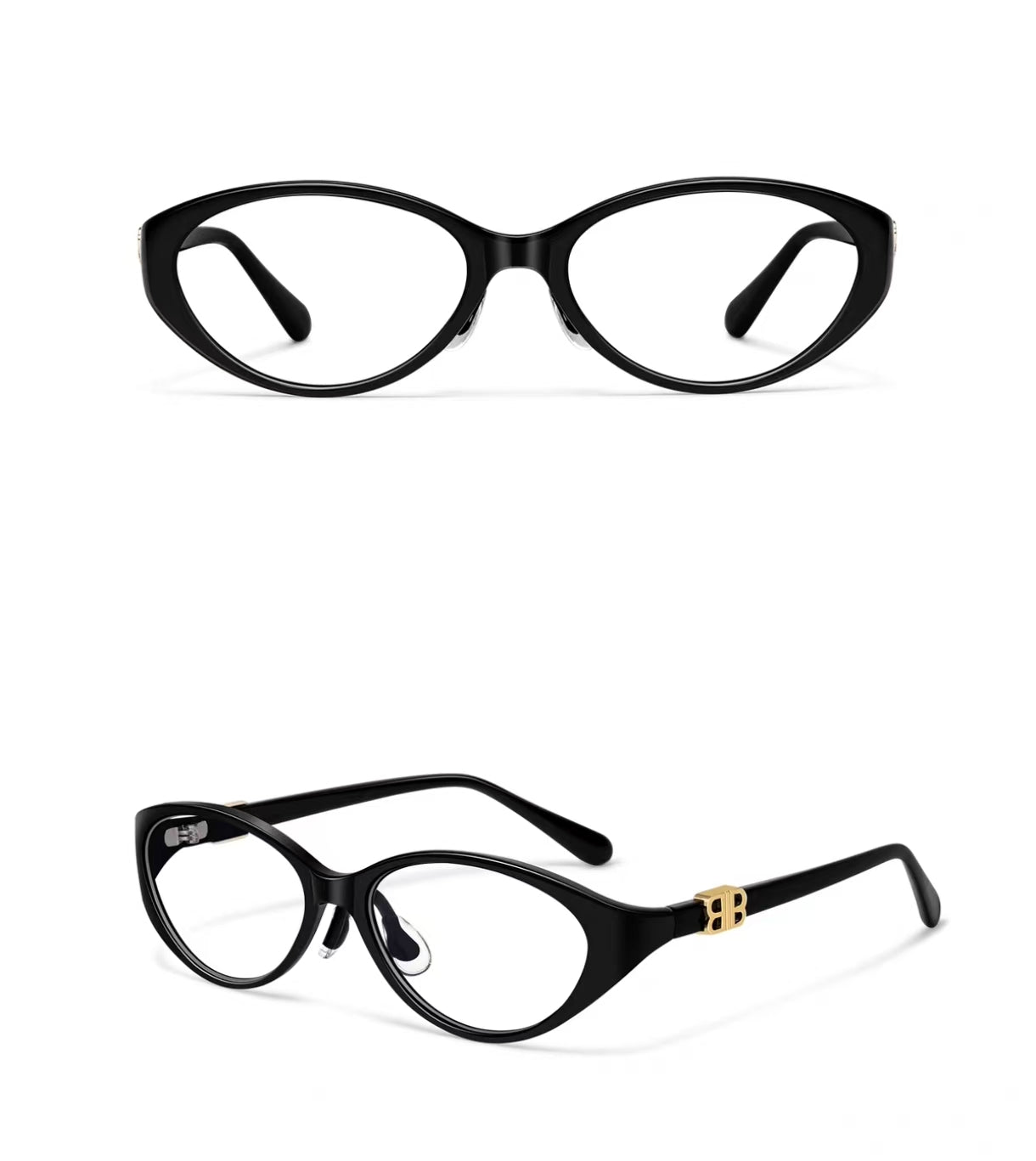 Glossy Black women's TR90 oval cat-eye glasses, original front-and-45-degree composite detail