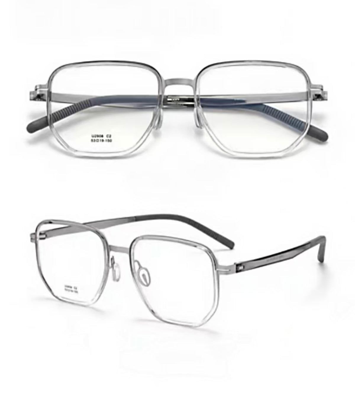 Crystal Gray ultra-light titanium and TR90 full-rim glasses, front and 45-degree composite detail view