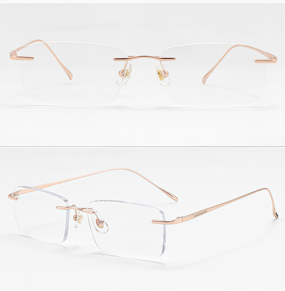 Rose Gold unisex pure titanium rectangular rimless eyeglass frames, product views
