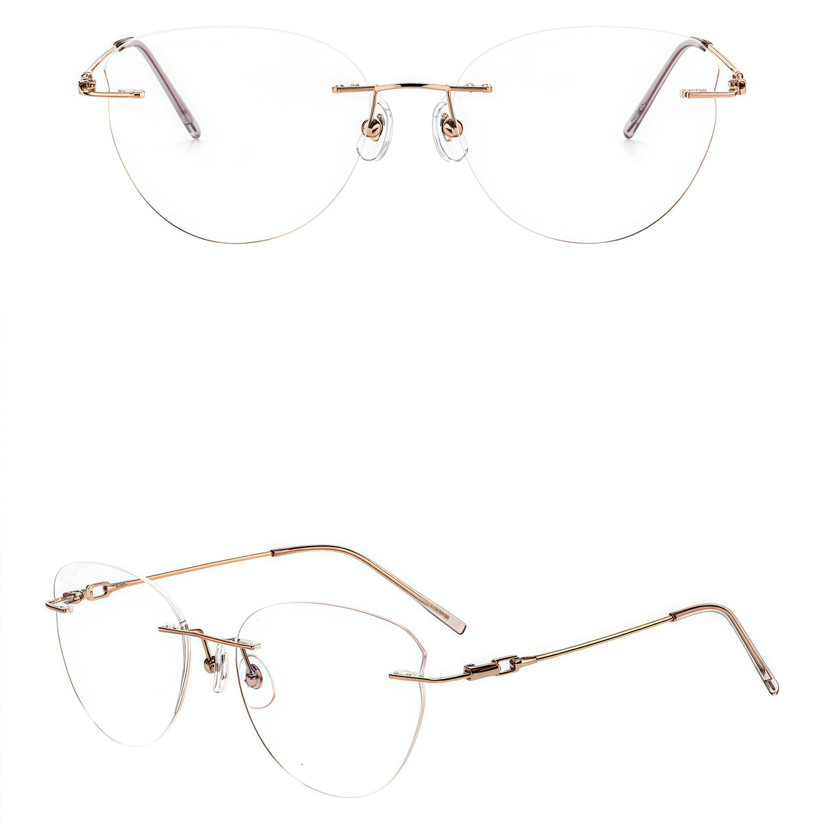 Rose Gold women's oval titanium rimless glasses, product view