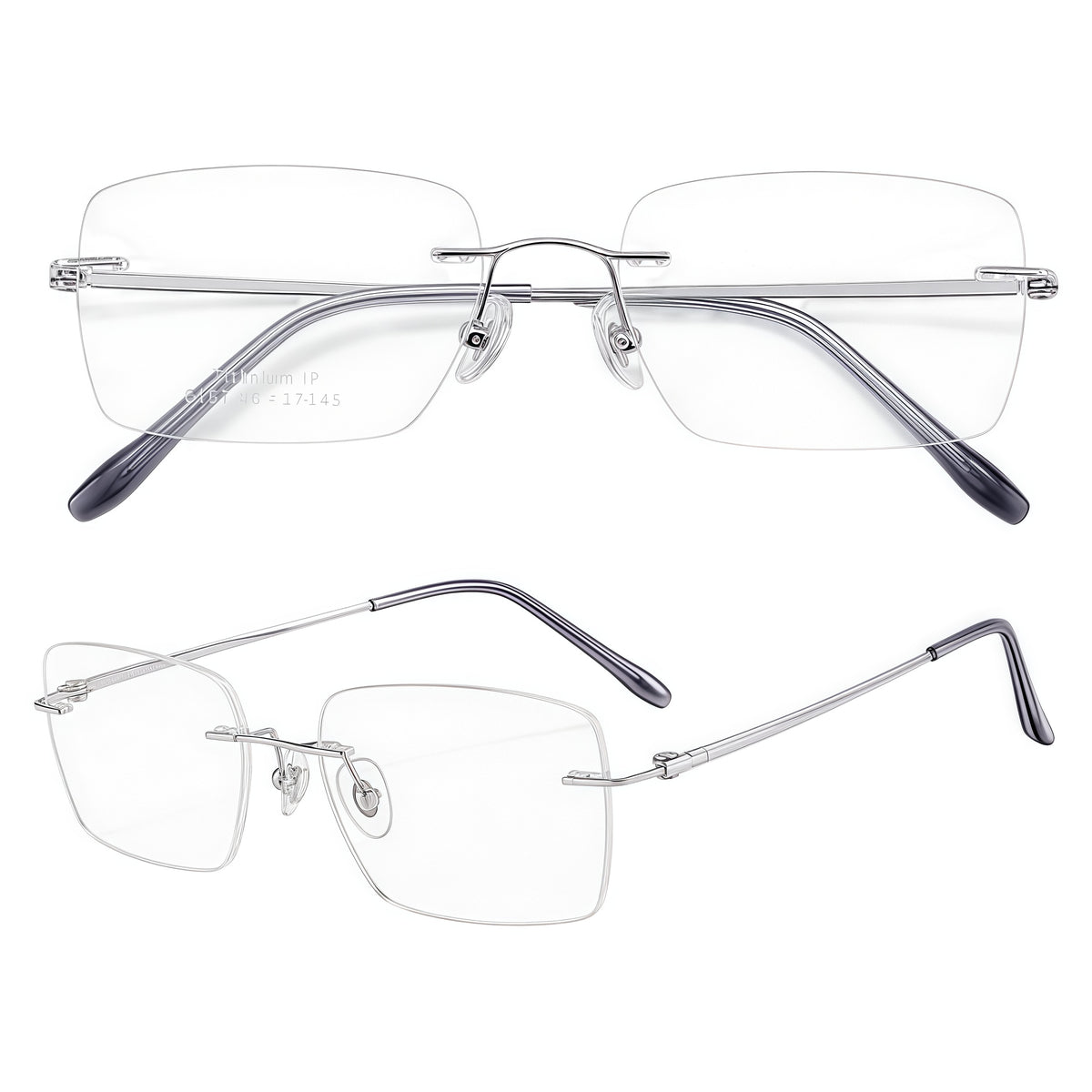Silver men's pure titanium rounded-rectangle rimless eyeglass frames, product views