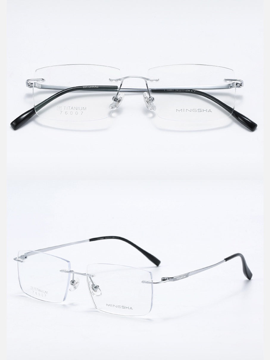 Silver men's semi-titanium rectangular rimless eyeglass frames, product views