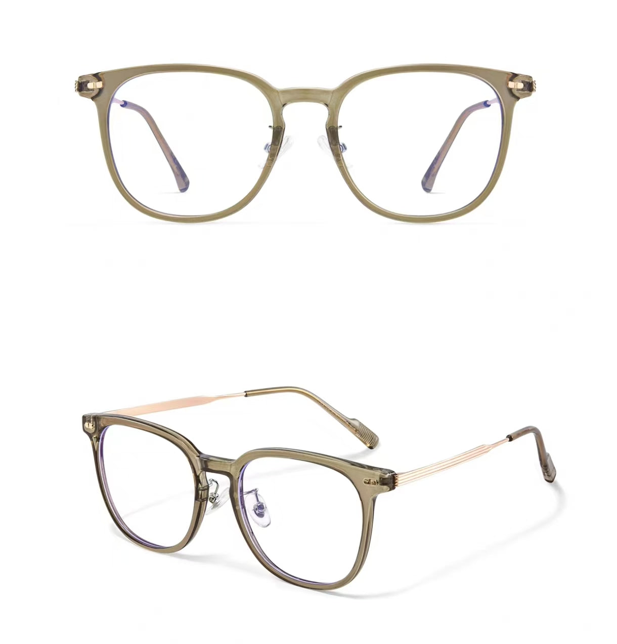 Amber Brown square full-rim eyeglass frame, front and three-quarter product views