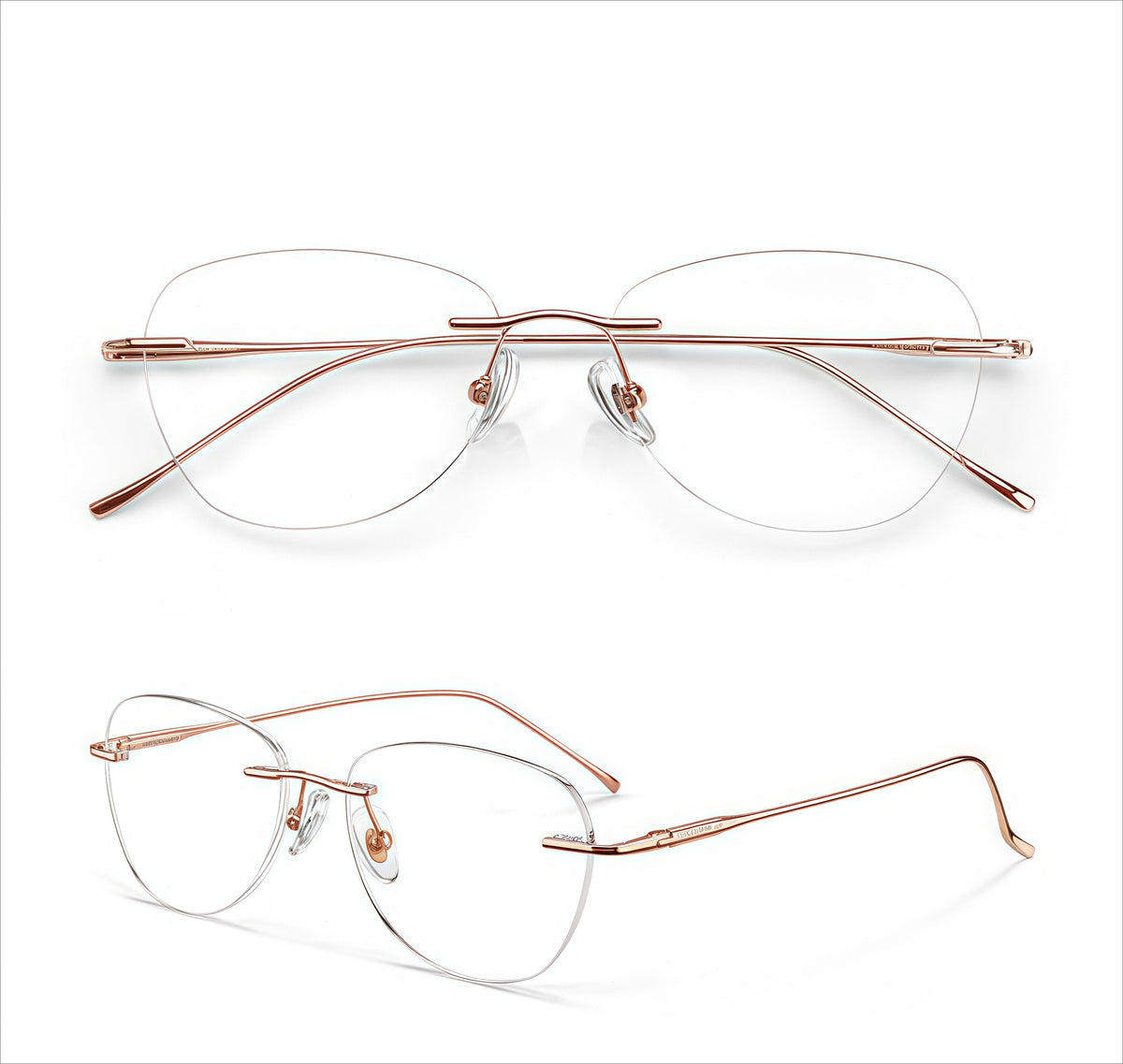 Rose Gold unisex titanium rimless rectangular glasses in front and 45-degree product views