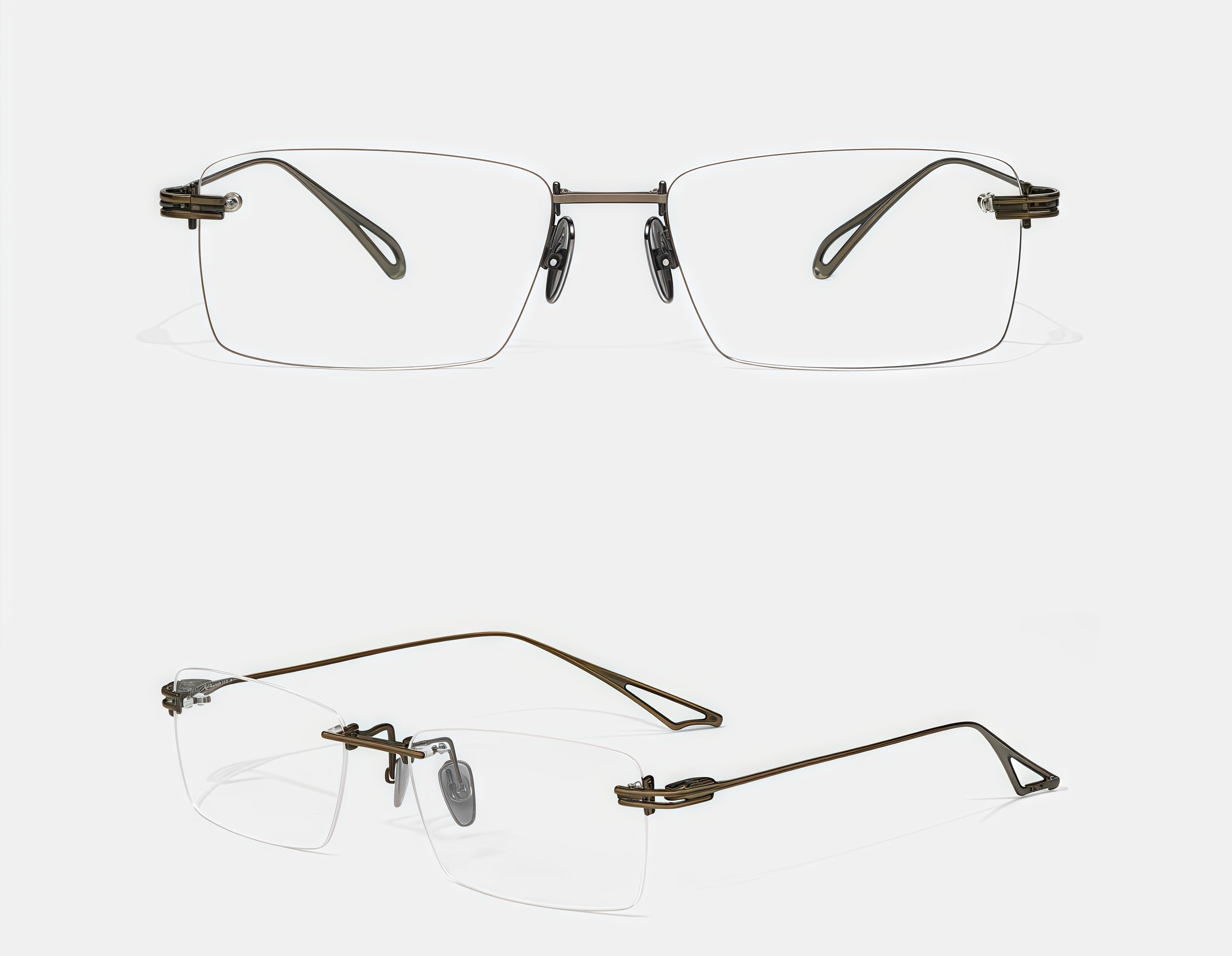 Antique Bronze men's titanium rimless open-loop glasses, front and 45-degree composite